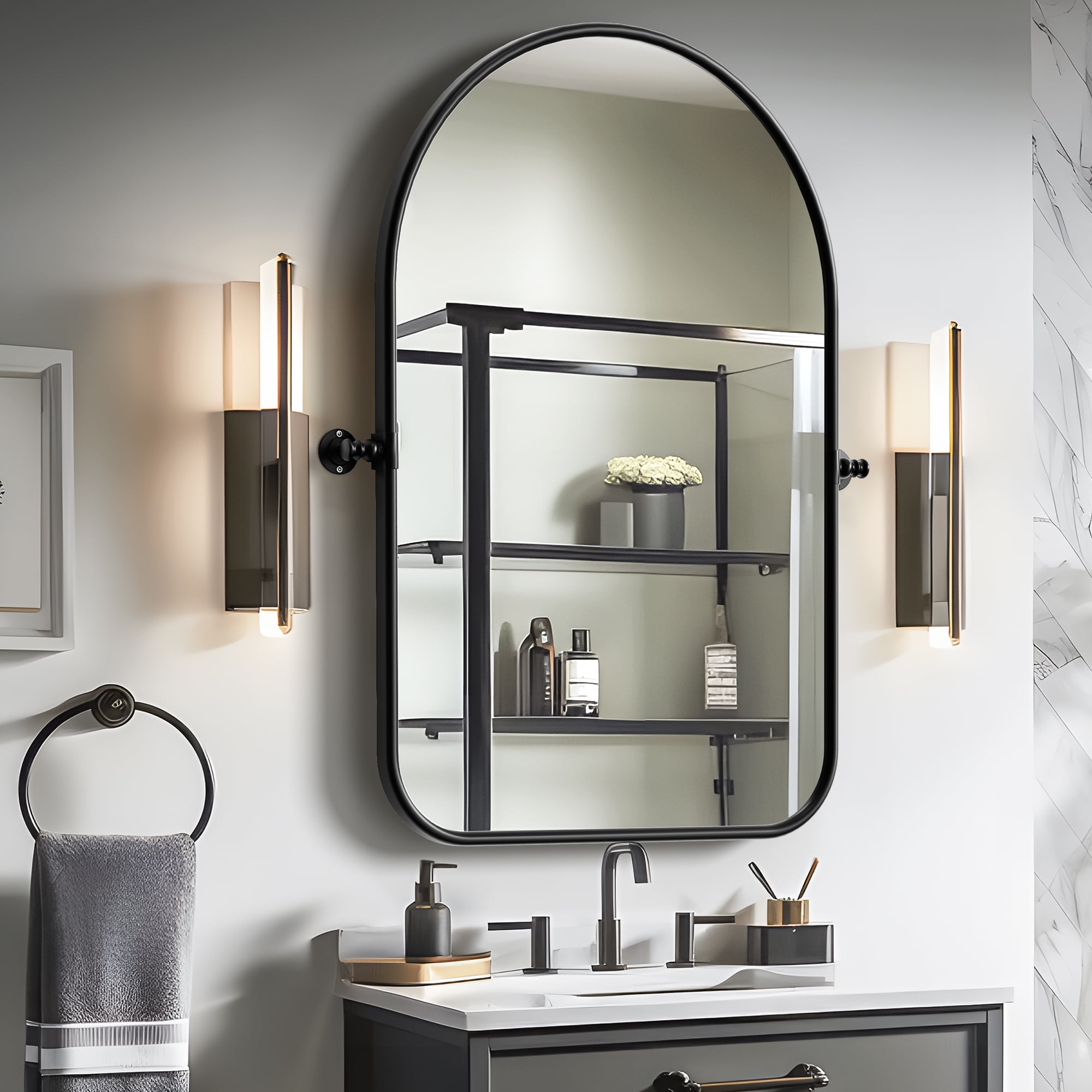 MAYEERTY 36"×24" Black Iron Arched Wall Mirror Rounded Corners, Rotating Hardware for Bathrooms