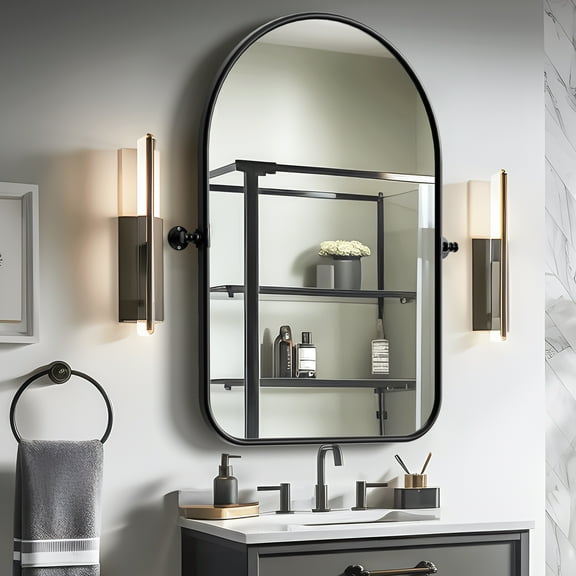 MAYEERTY 36"×24" Black Iron Arched Wall Mirror Rounded Corners, Rotating Hardware for Bathrooms