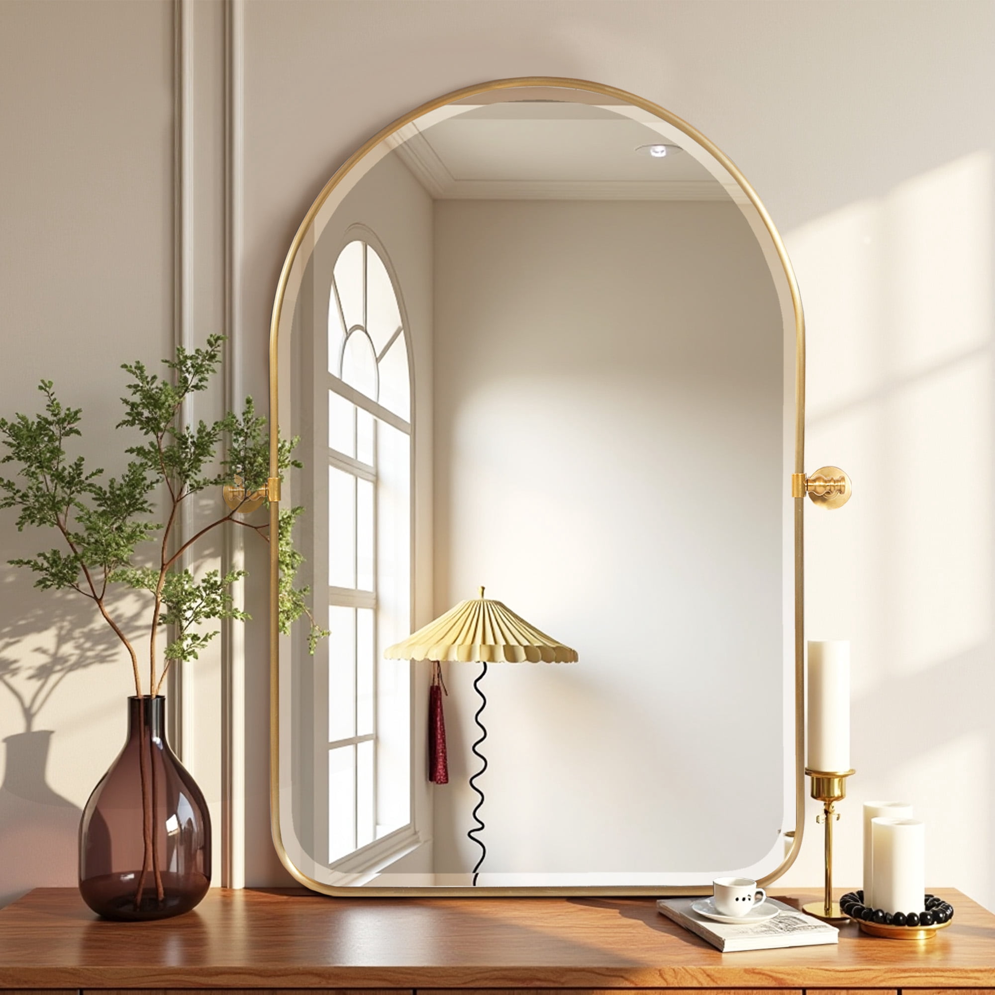 MAYEERTY 36×24in Modern Arched Aluminum Alloy Golden Framed Hanging Mirror, Wall-Mounted for Vanity & Sink, Swivel