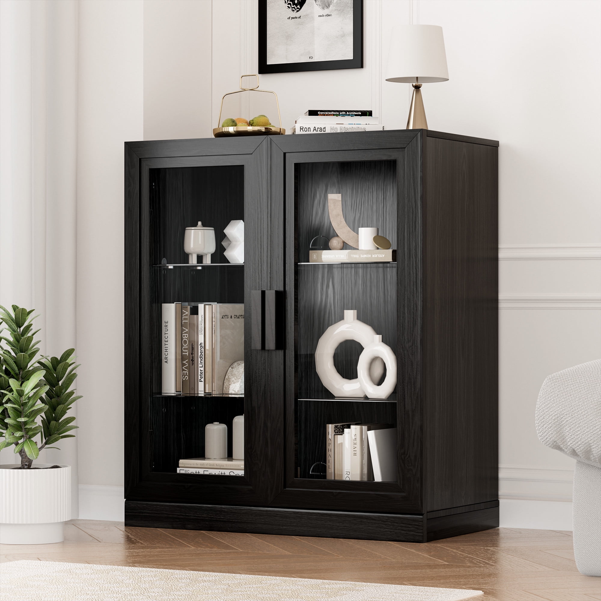 MAYEERTY 36"×31"×16" Black Wood-Grain Storage Cabinet - Glass Doors, Clear View for Display Items