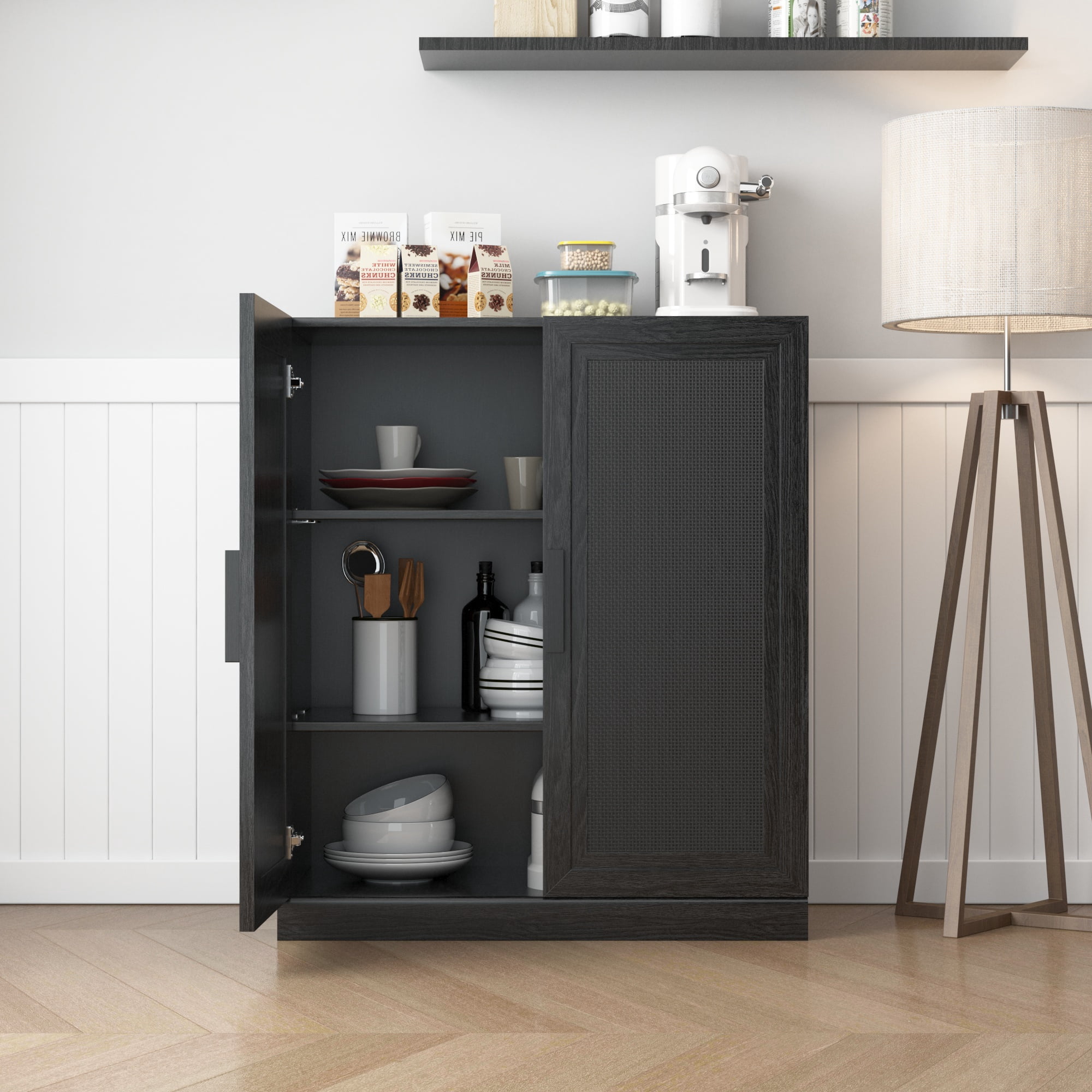 MAYEERTY 36"×31"×16" Black Wood-Grain Storage Cabinet - Rattan Woven Doors, Spacious for Living Room