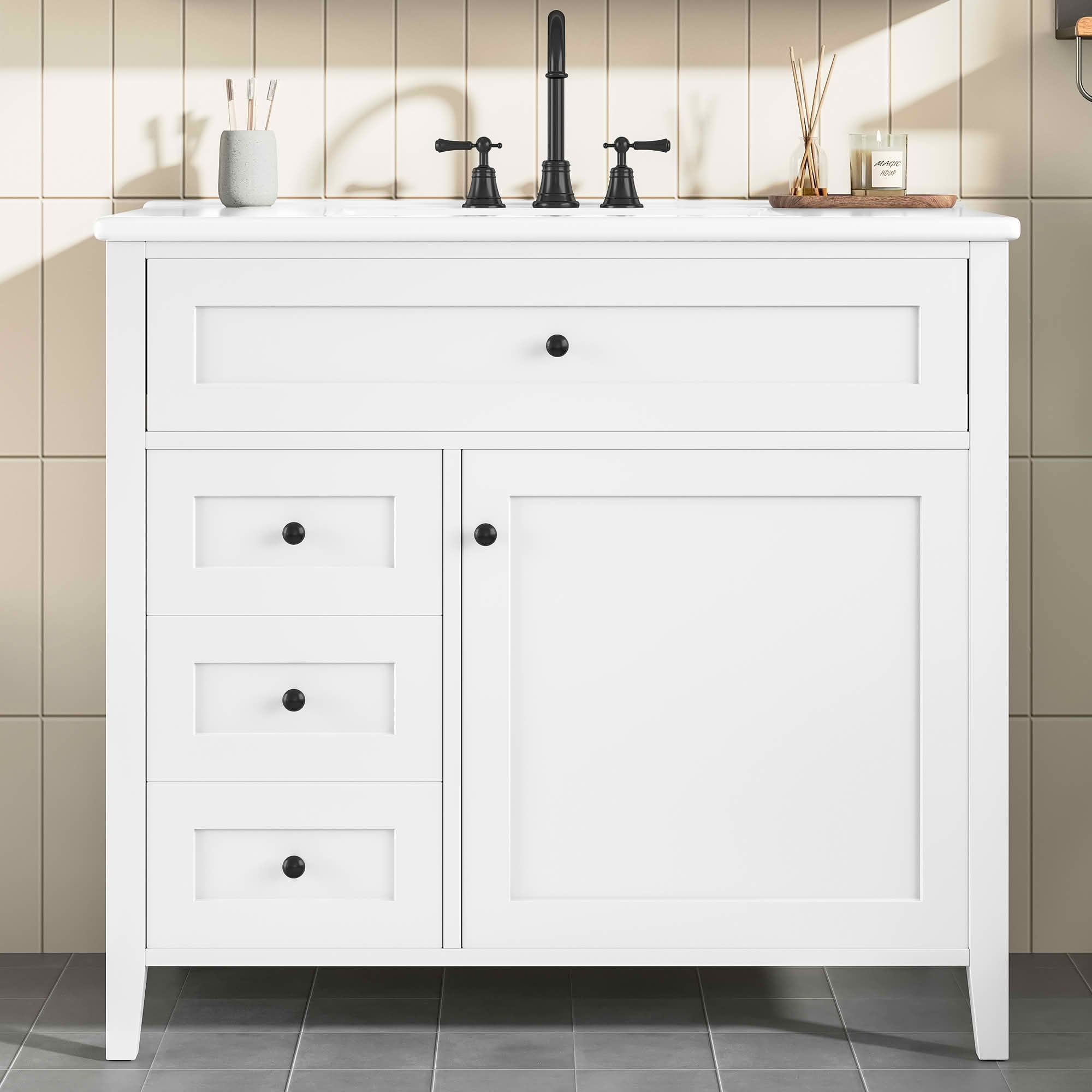 MAYEERTY 36" Bathroom Vanity Ceramic Sink Top Solid Wood MDF Flip Drawer Adjustable Shelf Metal Handles