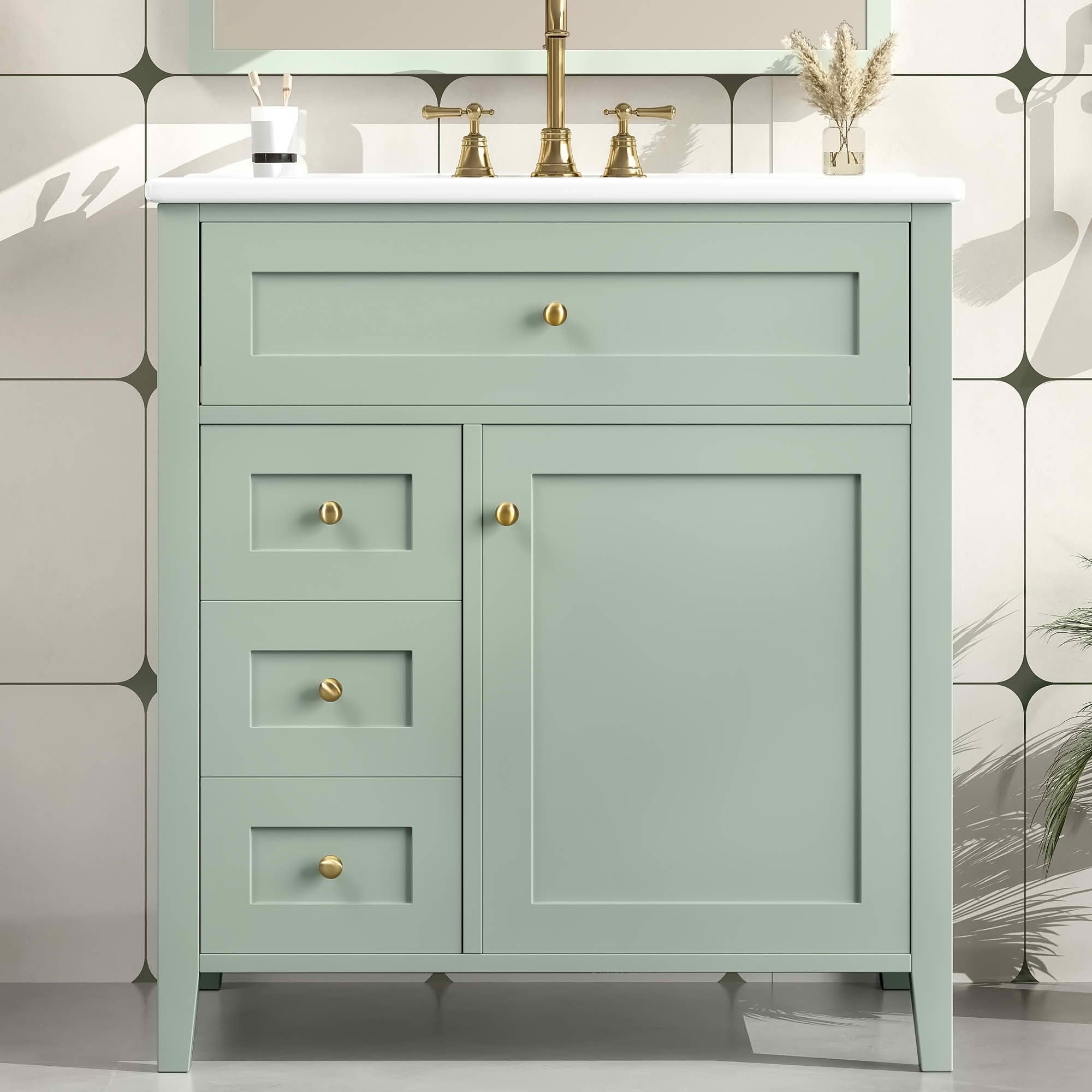 MAYEERTY 36" Bathroom Vanity Ceramic Sink Top Solid Wood MDF Flip Drawer Adjustable Shelf Metal Handles