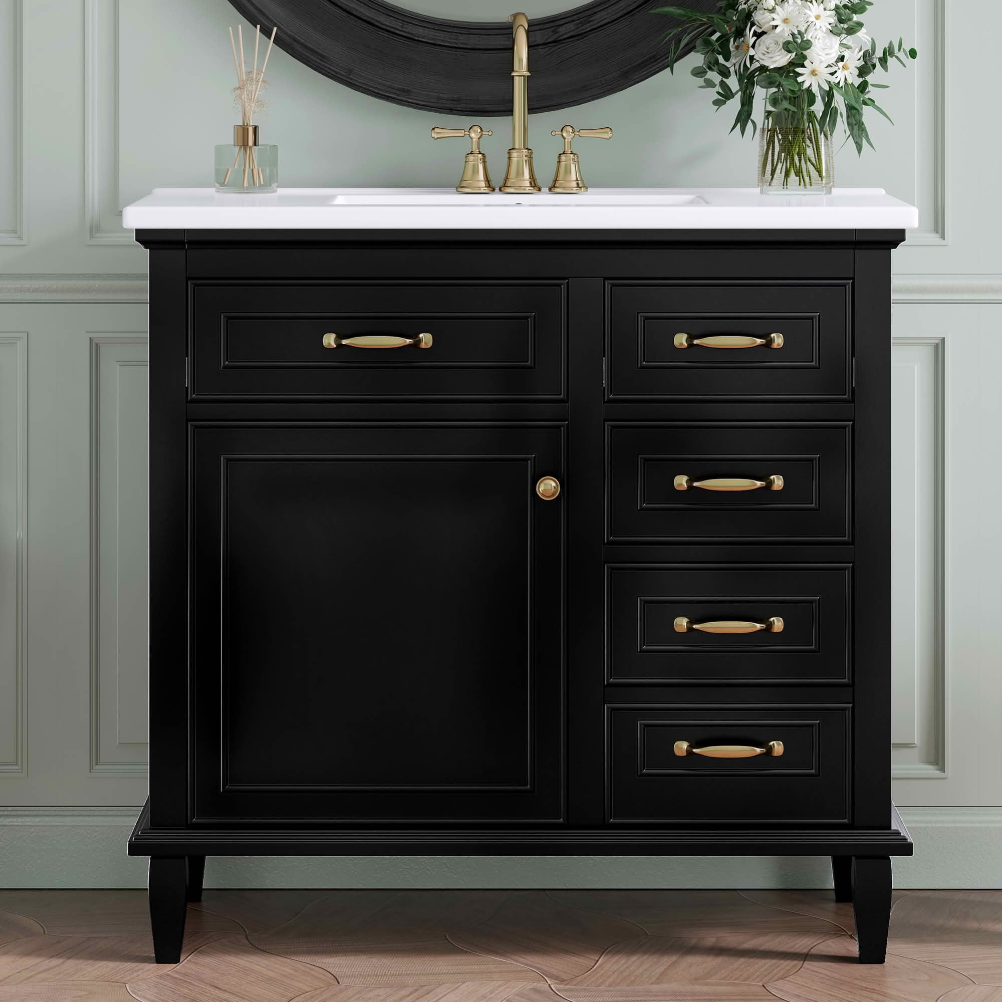 MAYEERTY 36" Bathroom Vanity Ceramic Sink Top Solid Wood MDF Poplar Cabinet Flip Drawers Adjustable Shelves Zinc Handles