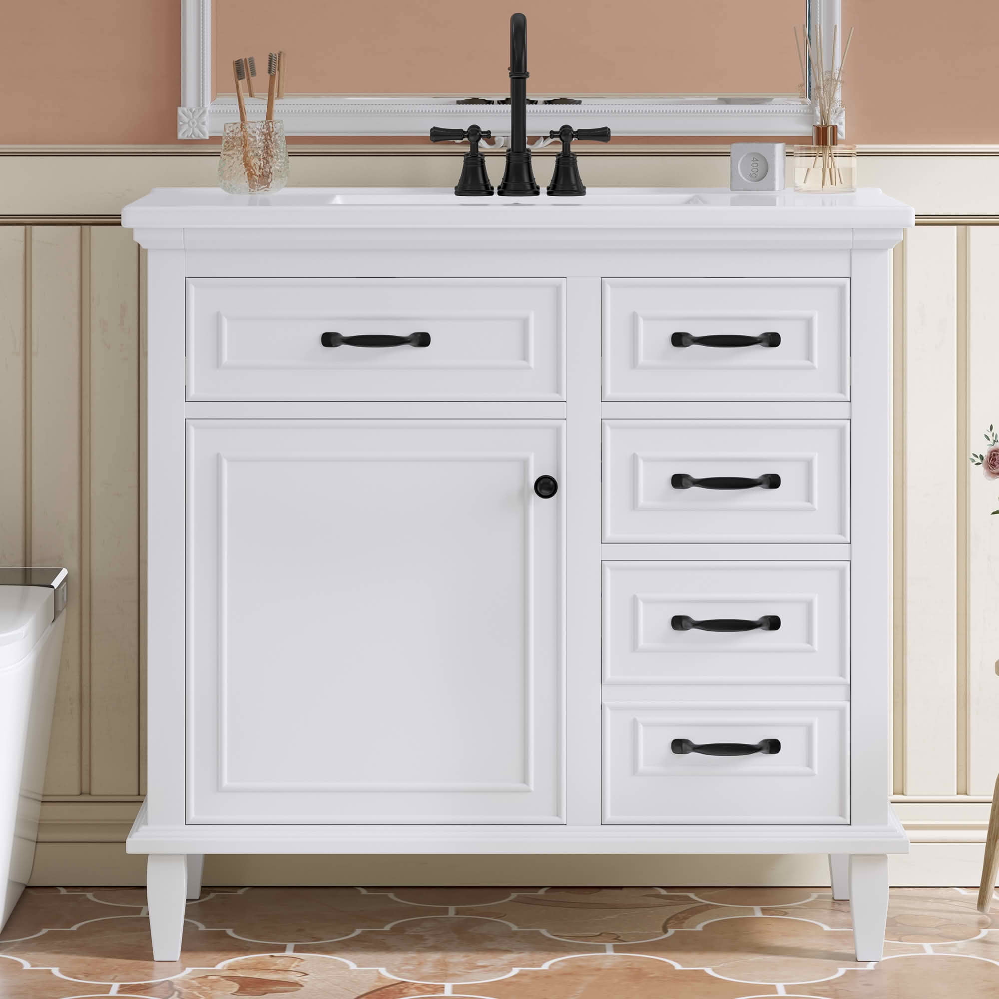 MAYEERTY 36" Bathroom Vanity Ceramic Sink Top Solid Wood MDF Poplar Cabinet Flip Drawers Adjustable Shelves Zinc Handles