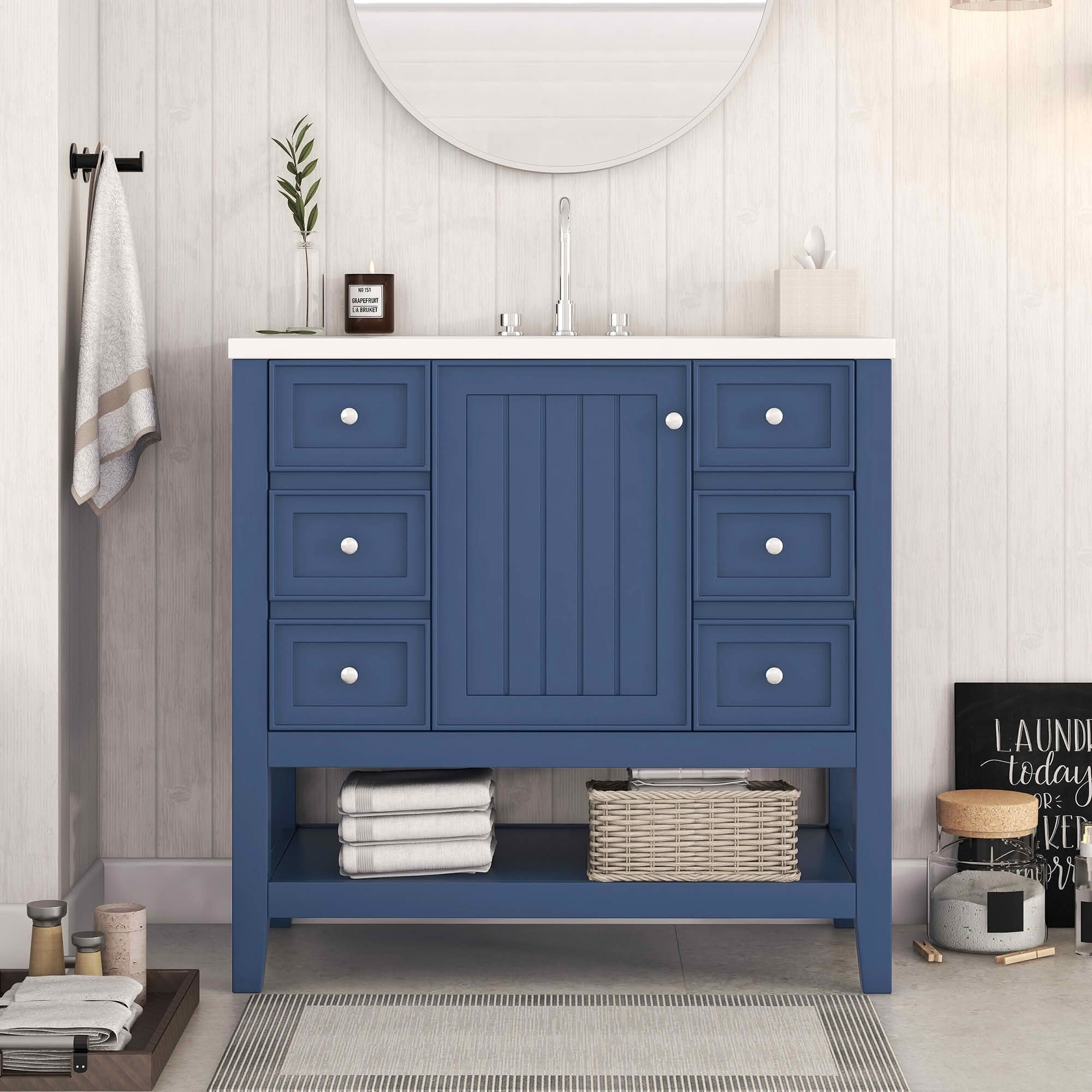 MAYEERTY 36" Bathroom Vanity with Sink 1 Cabinet 3 Drawers Solid Wood MDF Blue