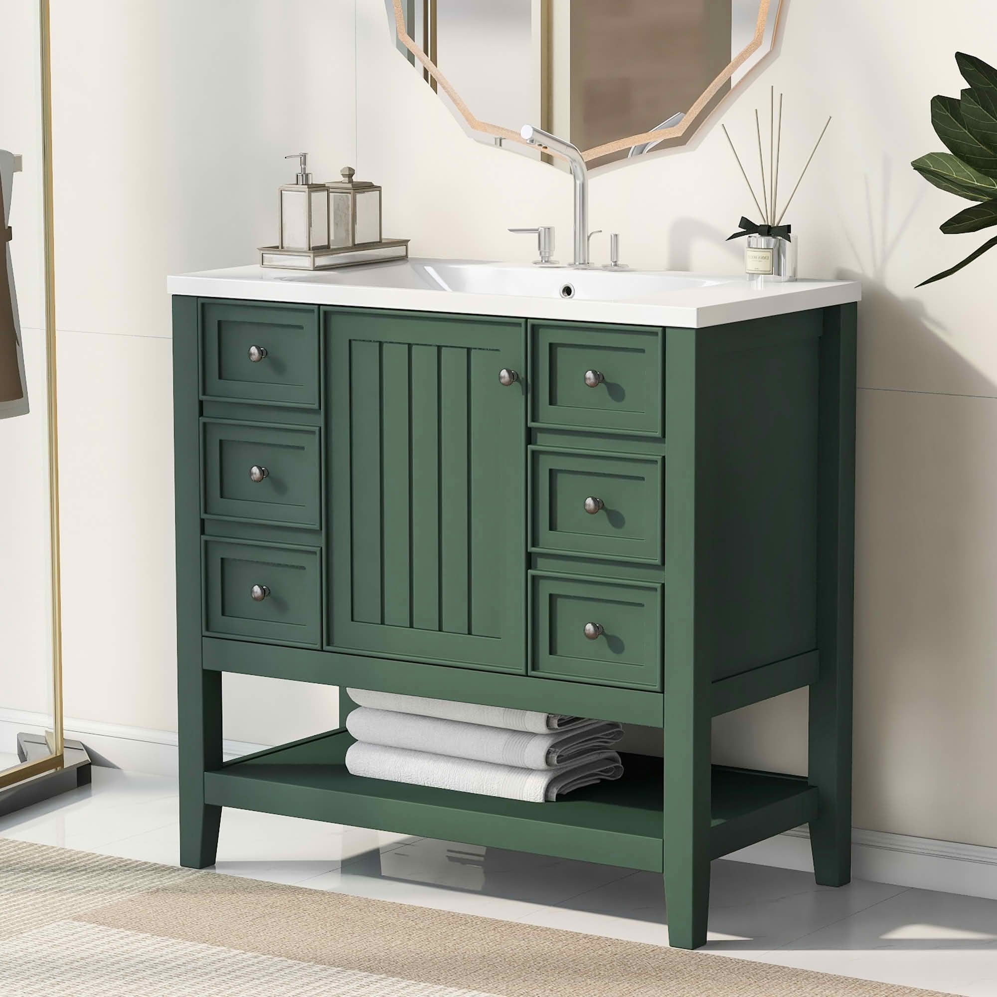 MAYEERTY 36" Bathroom Vanity with Sink 1 Cabinet 3 Drawers Solid Wood MDF Green