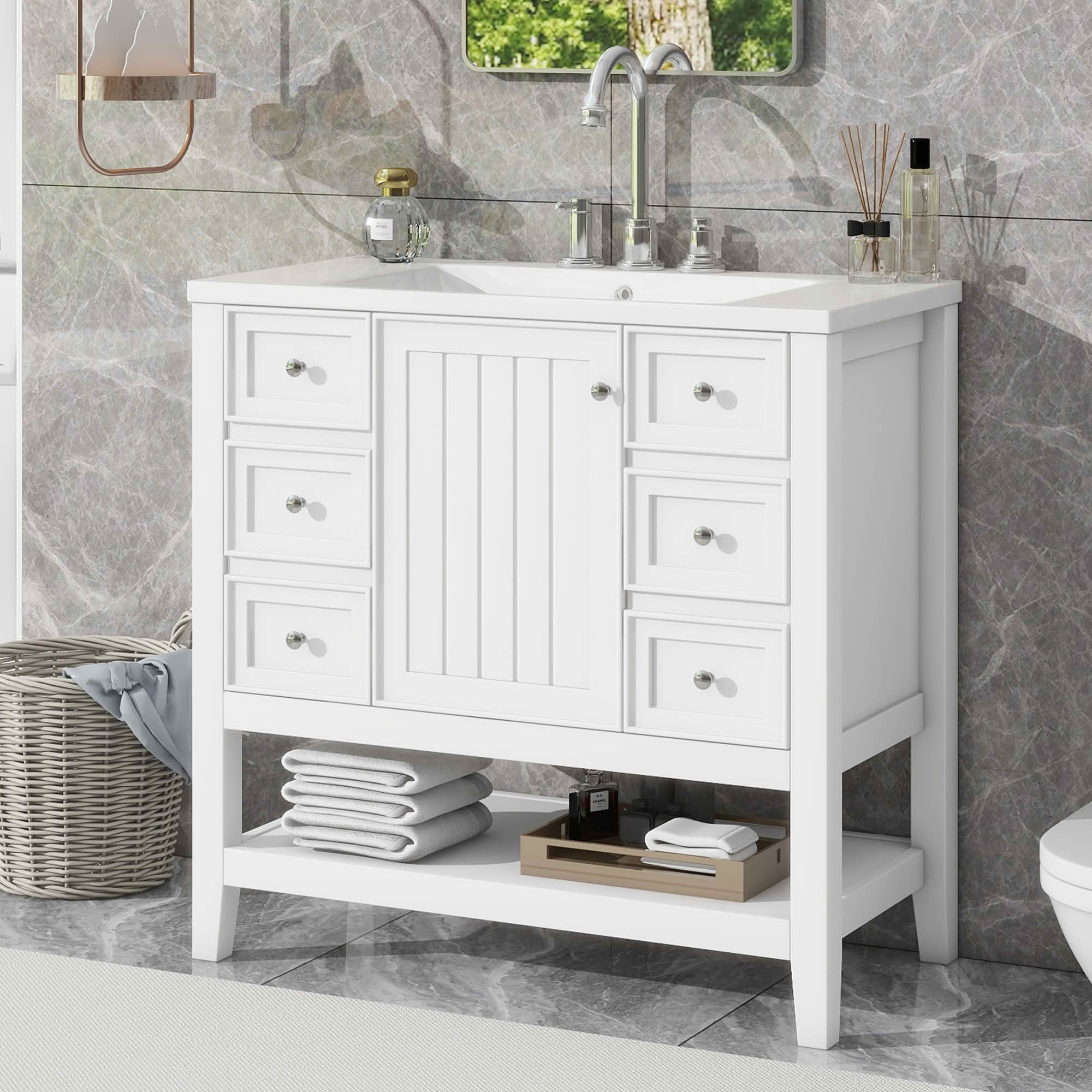 MAYEERTY 36" Bathroom Vanity with Sink 1 Cabinet 3 Drawers Solid Wood MDF White