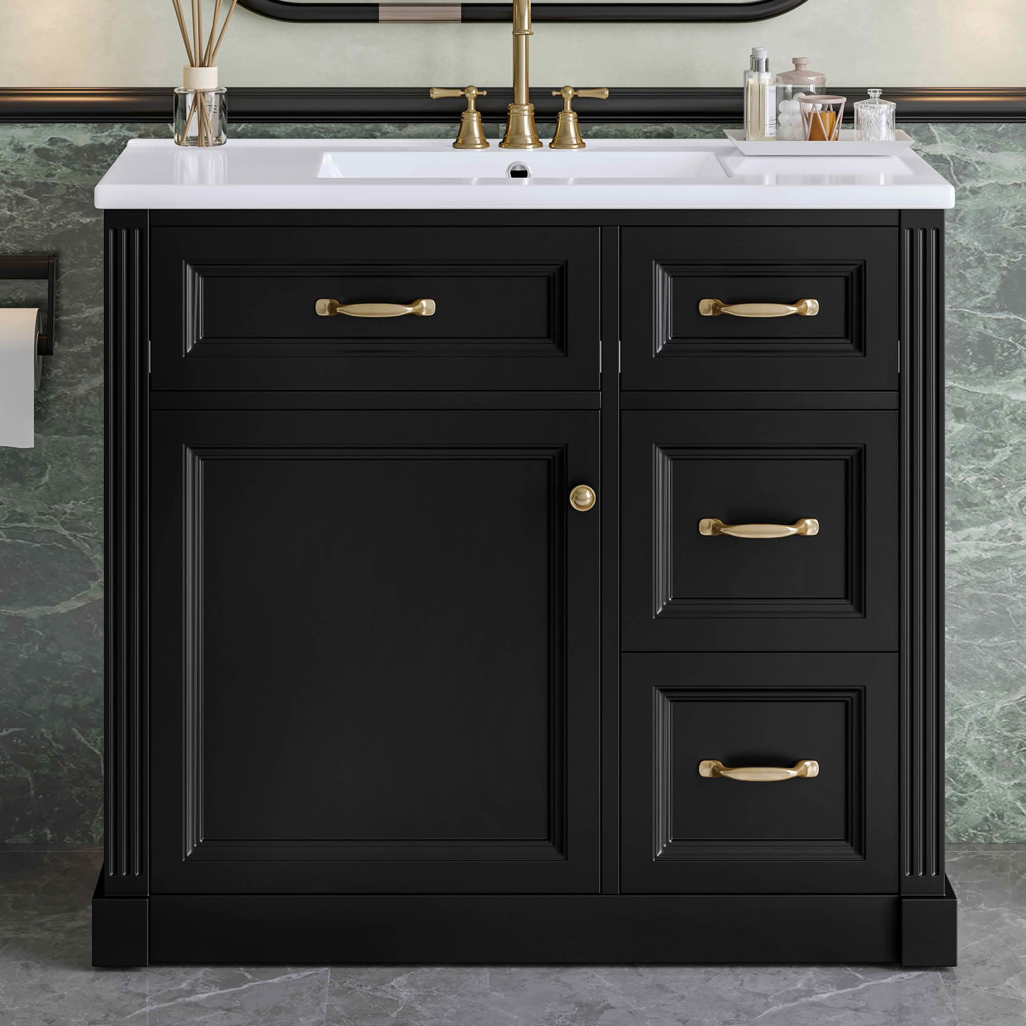 MAYEERTY 36" Bathroom Vanity with Sink 4 Drawers Soft-Close Door Adjustable Shelf Ceramic Basin Black