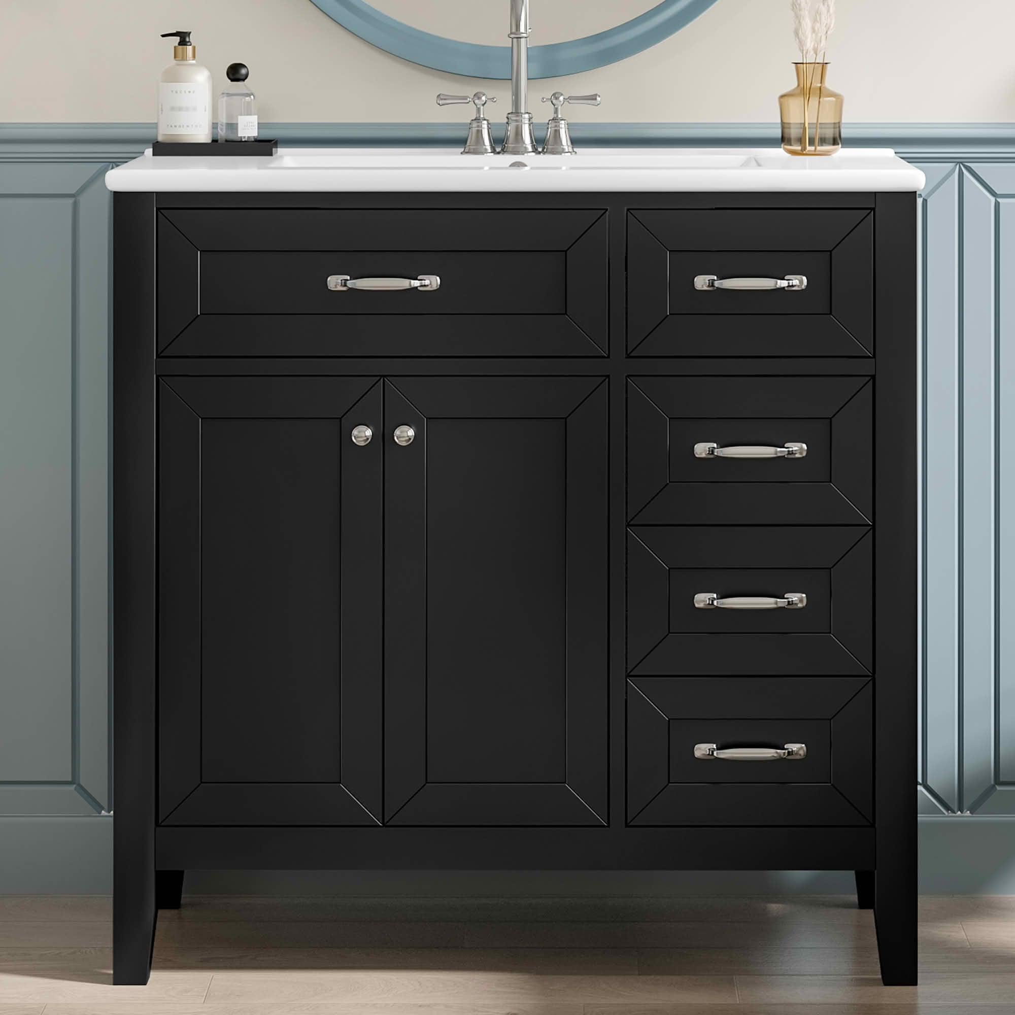 MAYEERTY 36" Bathroom Vanity with Sink Black Cabinet Drawers Solid Frame MDF