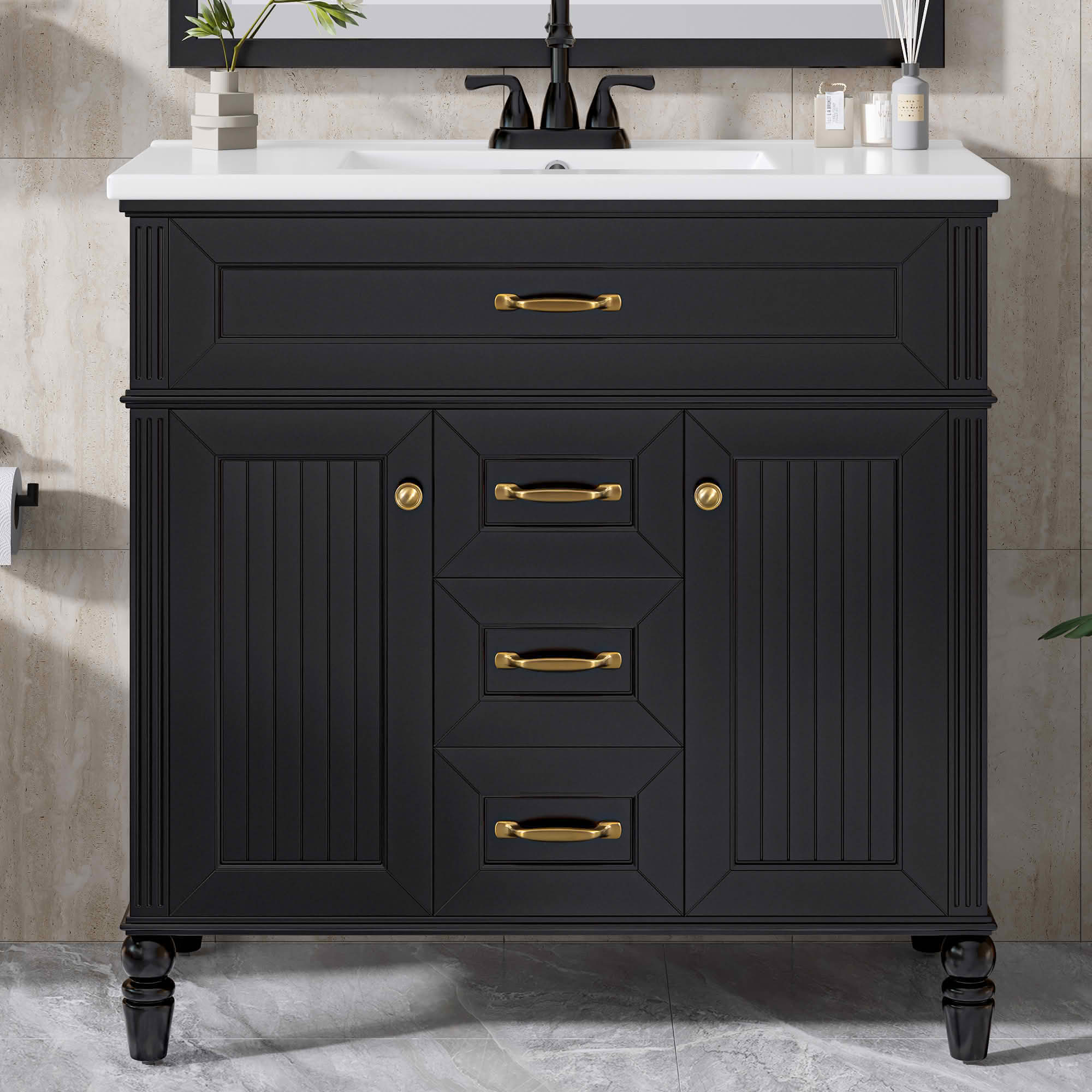 MAYEERTY 36" Bathroom Vanity with Sink Black Freestanding Ceramic Basin MDF Solid Wood Flip-Out Drawer Soft Close Doors Golden Handles