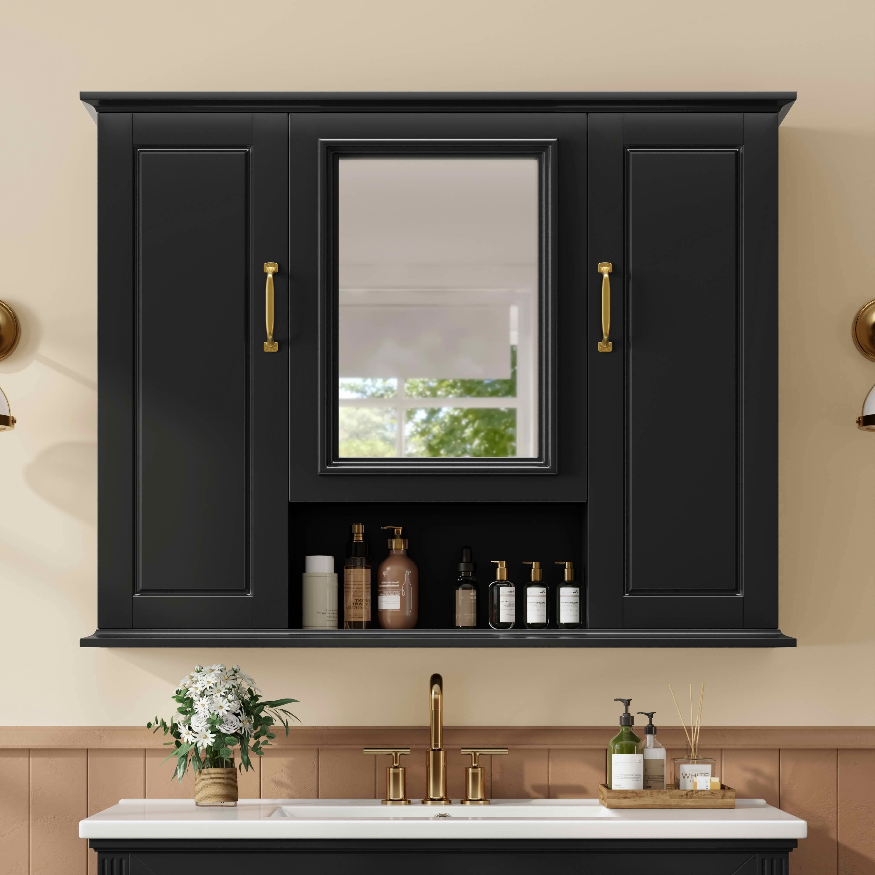 MAYEERTY 36" Bathroom Vanity with Sink Black MDF Rubberwood 3 Drawers Adjustable Shelf Freestanding