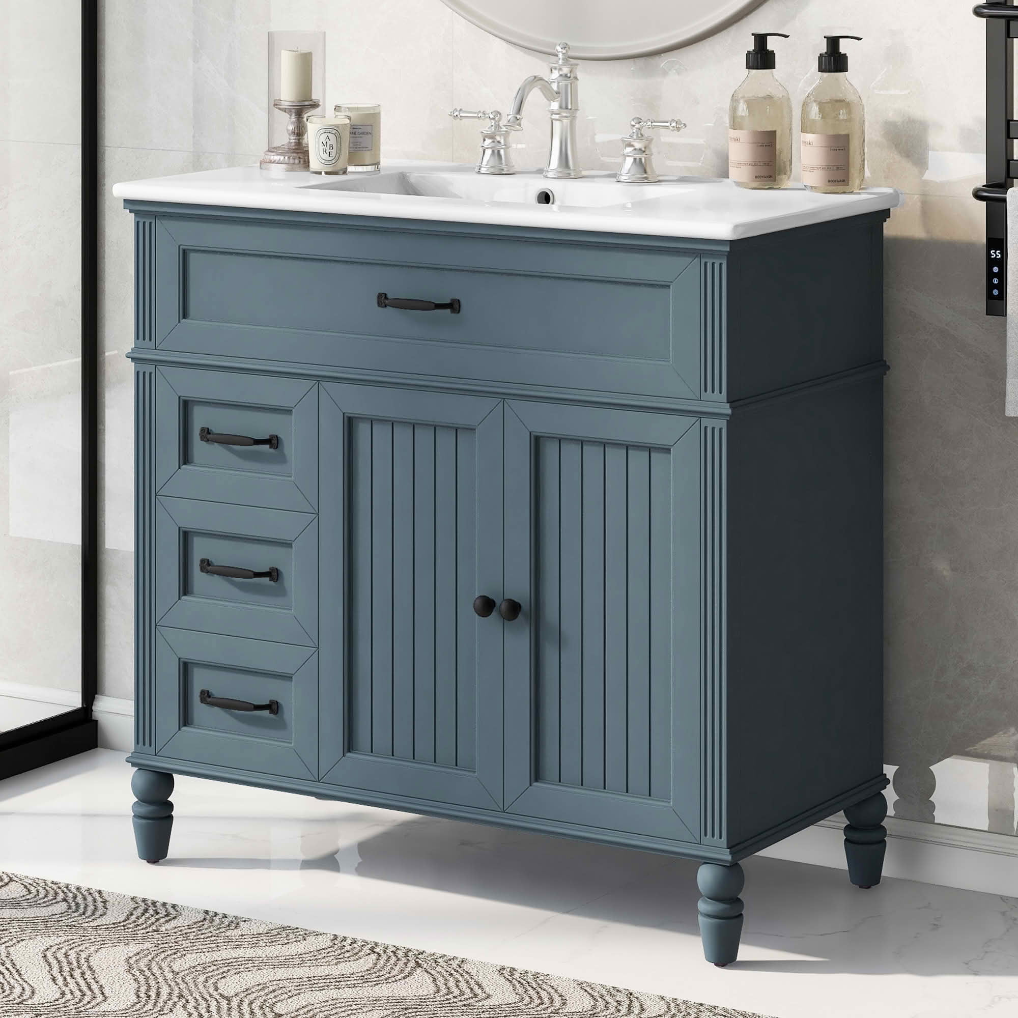 MAYEERTY 36" Bathroom Vanity with Sink Blue Cabinet Drawers Solid Frame MDF One Package