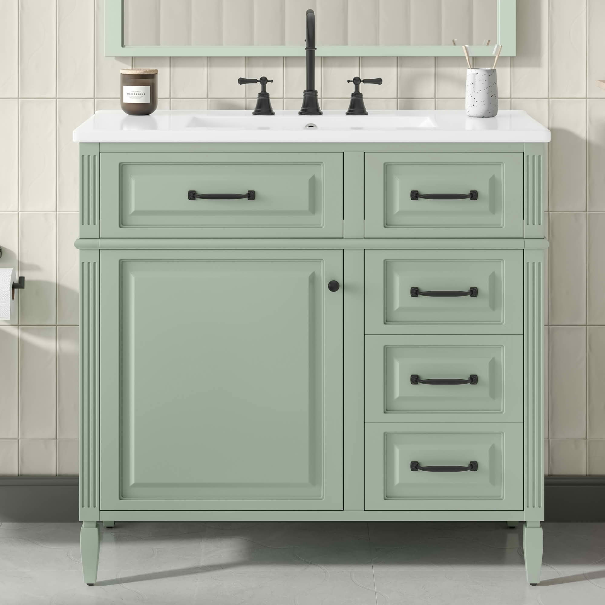 MAYEERTY 36" Bathroom Vanity with Sink Blue Gray Solid Wood Flip Drawer 3 Drawers 2 Doors Golden Metal Handles MDF