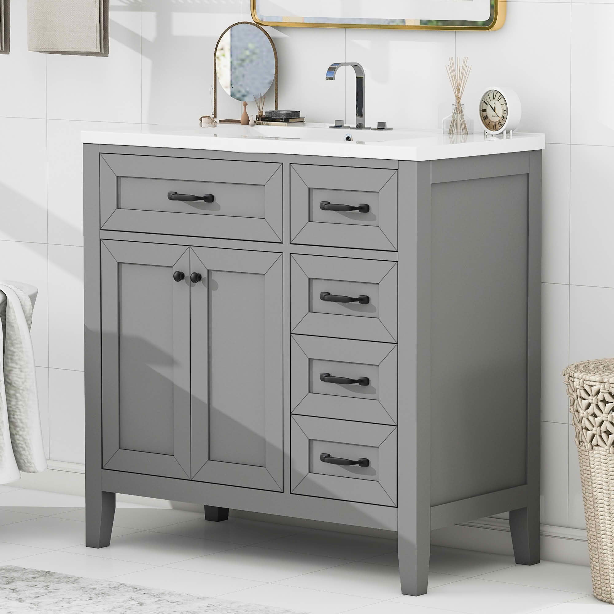 MAYEERTY 36" Bathroom Vanity with Sink Gray Cabinet Drawers Solid Frame MDF