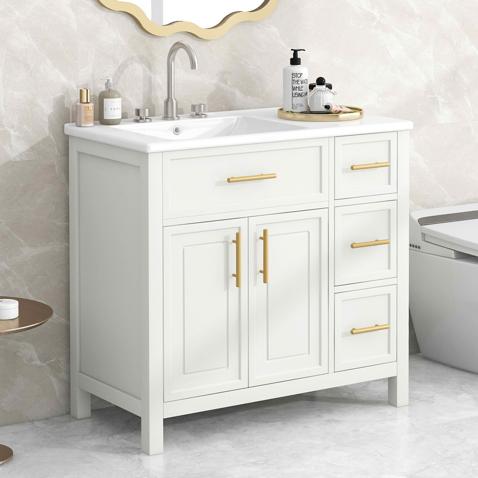 MAYEERTY 36" Bathroom Vanity with Sink Top 2 Doors 3 Drawers Solid Wood MDF White