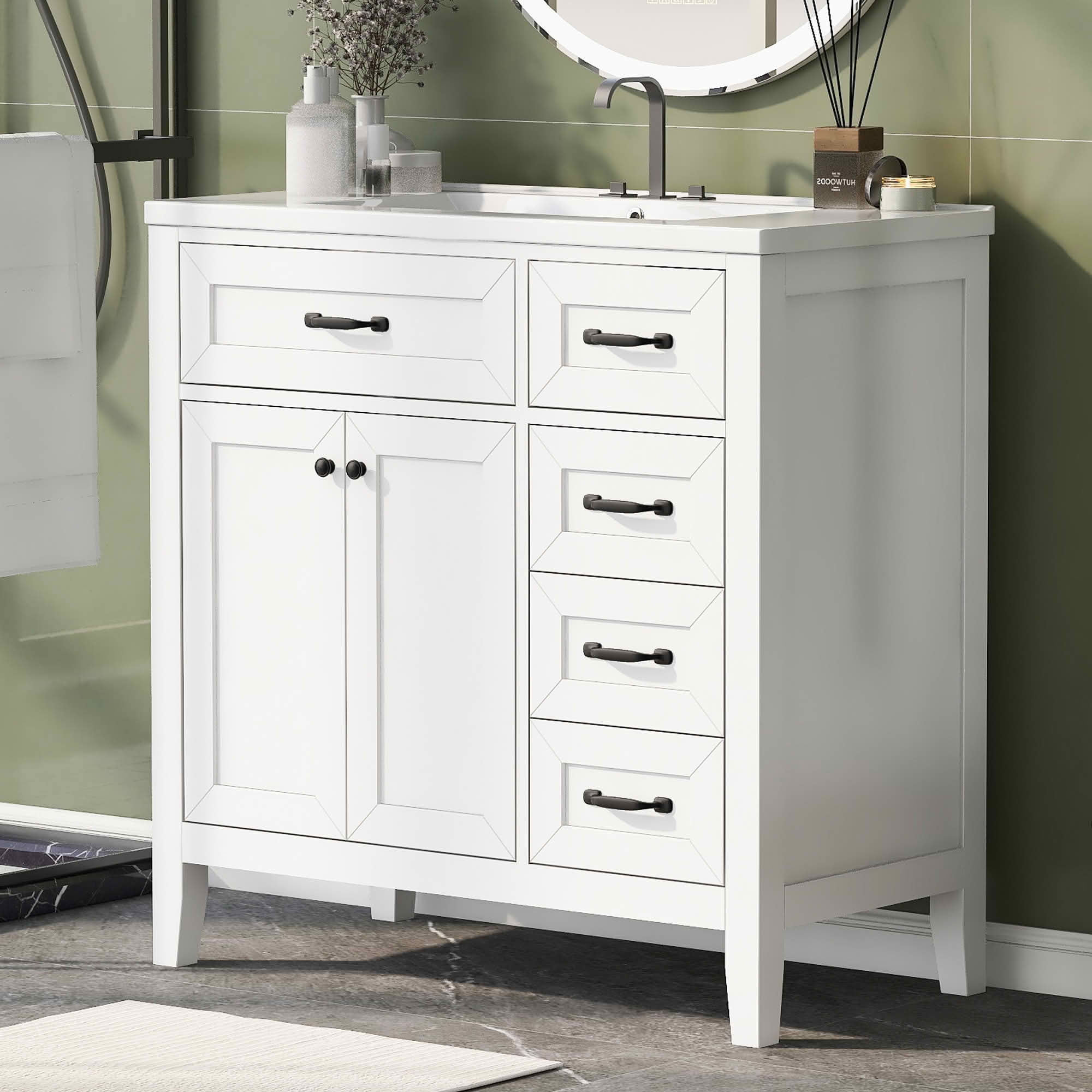 MAYEERTY 36" Bathroom Vanity with Sink White Cabinet Drawers Solid Frame MDF