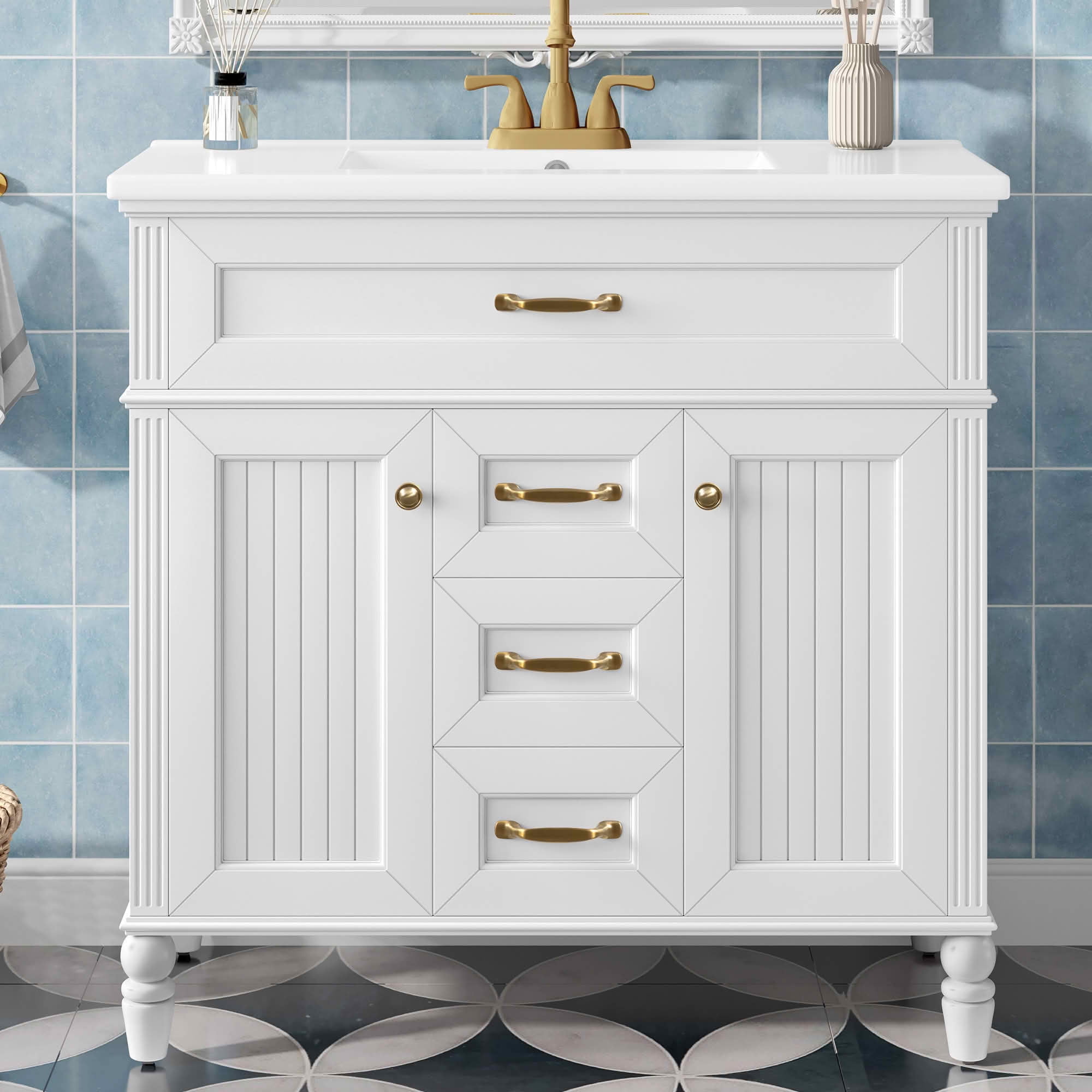 MAYEERTY 36" Bathroom Vanity with Sink White Freestanding Ceramic Basin MDF Solid Wood Flip-Out Drawer Soft Close Doors Golden Handles