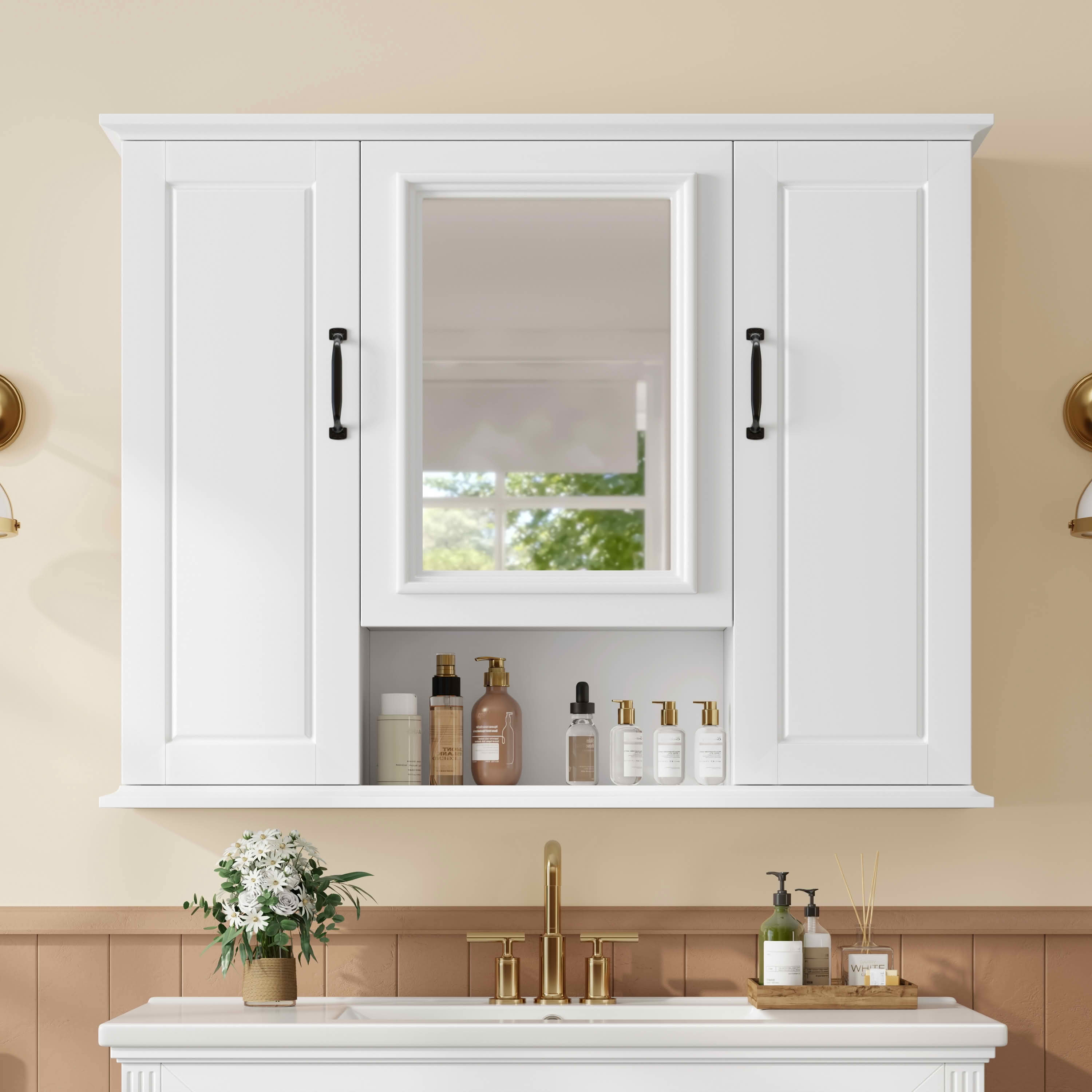 MAYEERTY 36" Bathroom Vanity with Sink White MDF Rubberwood 3 Drawers Adjustable Shelf Freestanding