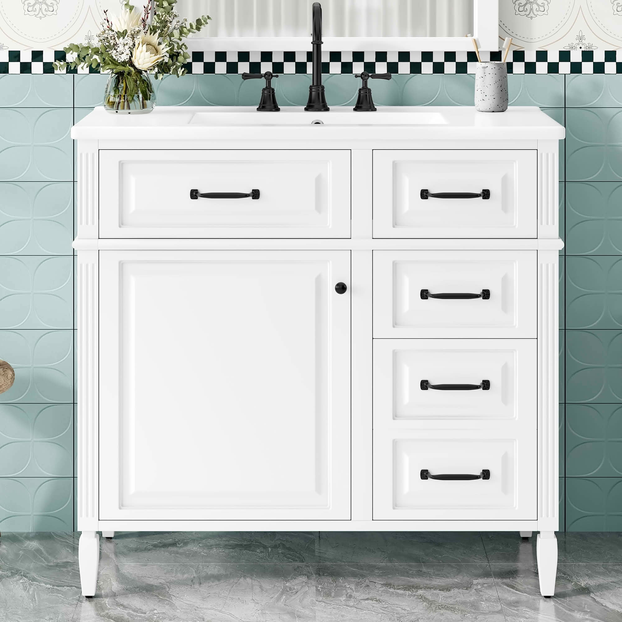 MAYEERTY 36" Bathroom Vanity with Sink White Solid Wood Flip Drawer 3 Drawers 2 Doors Black Metal Handles MDF