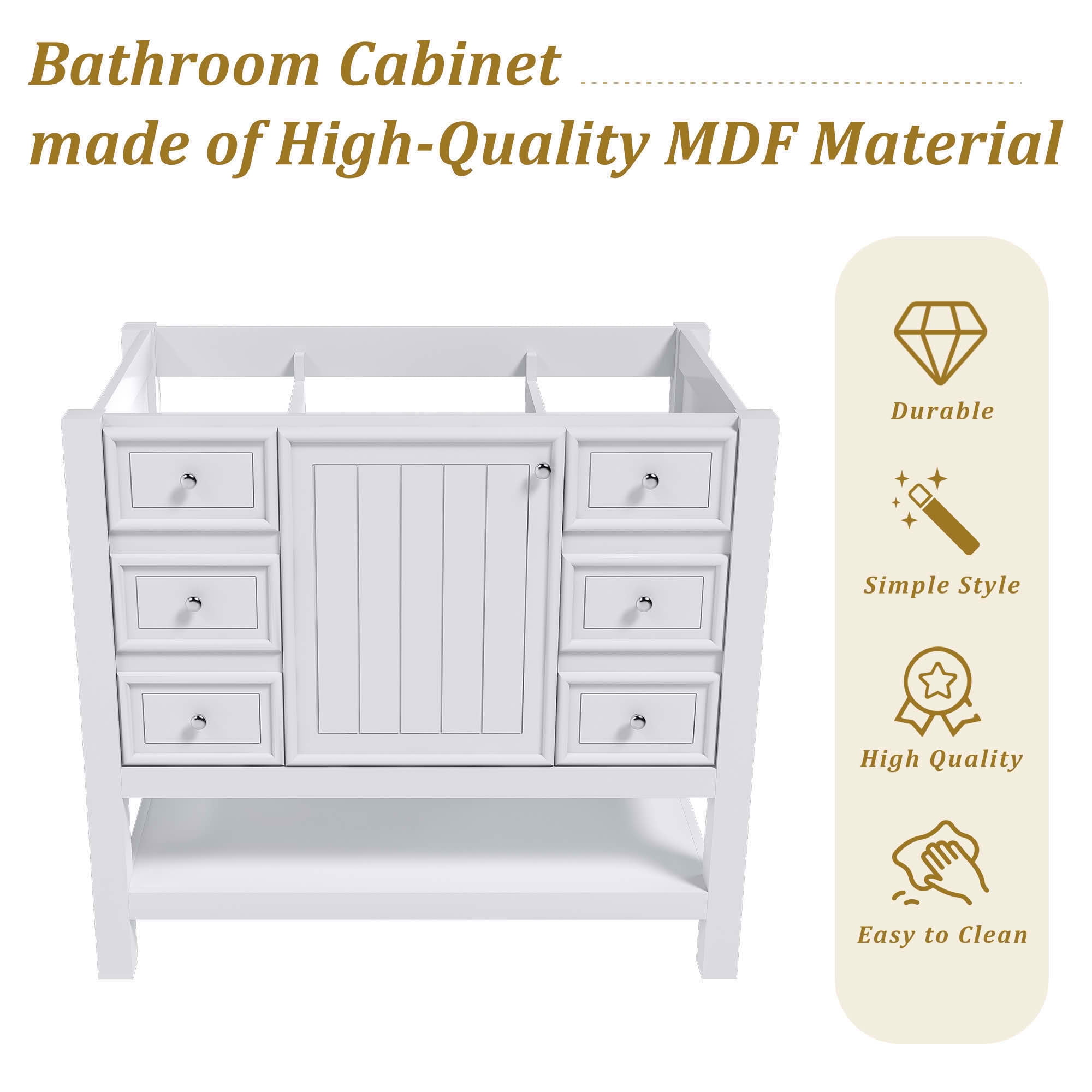 MAYEERTY 36" Bathroom Vanity without Sink 1 Cabinet 3 Drawers Solid Wood Frame MDF White