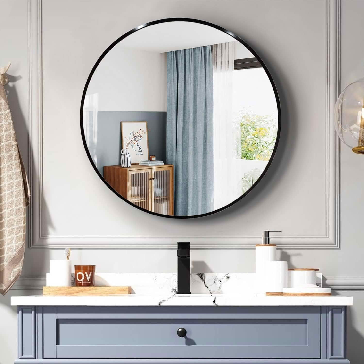 MAYEERTY 36 Inch Black Metal Framed Round Bathroom Wall Mirror, for Bathroom and Powder Room
