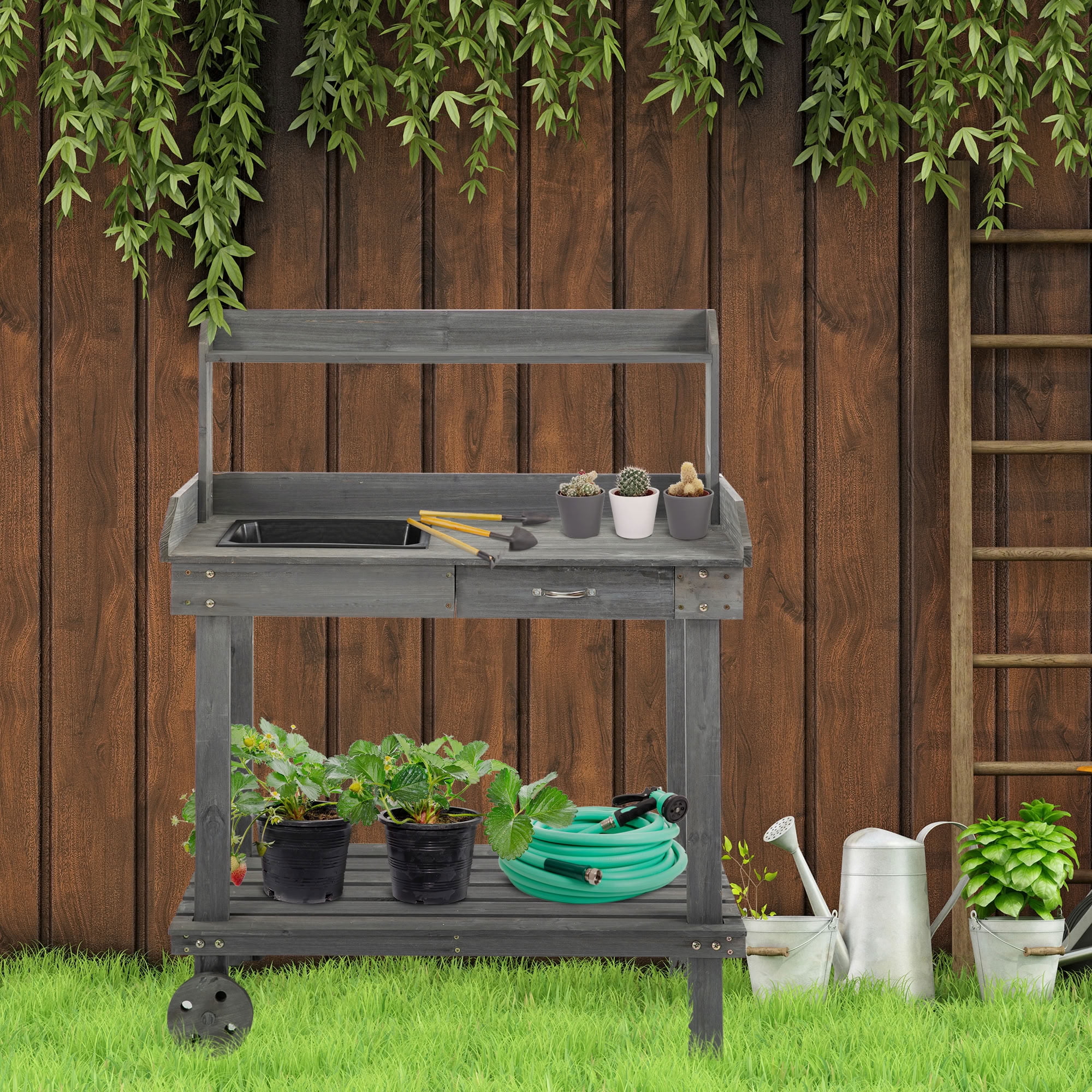 MAYEERTY 36" Wooden Potting Bench, Outdoor Garden Workstation with Removable Wheels, Sink, Drawer for Backyard, Patio, Deck