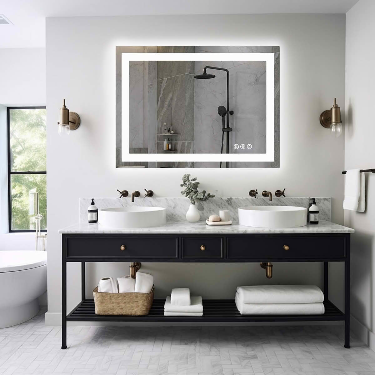 MAYEERTY 36 X 48 Inch Rectangle Anti-fog LED Bathroom Mirror, Dual Light Source Three Lighting Modes