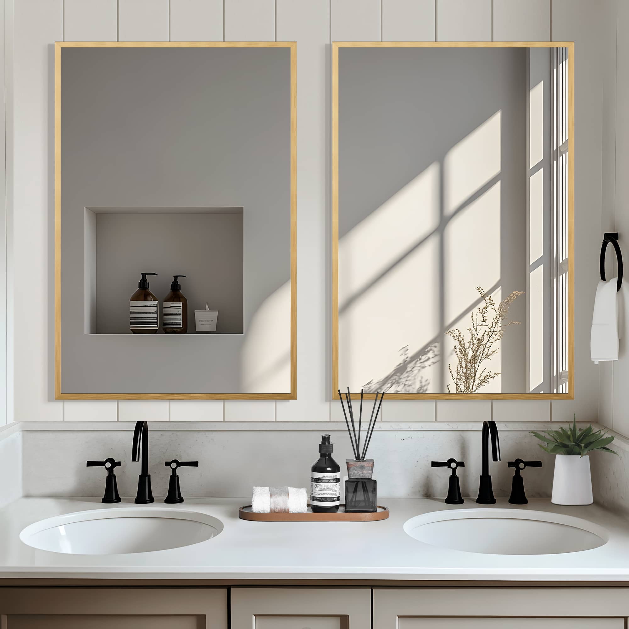 MAYEERTY 36"x24" Aluminum Alloy Rectangular Hanging Mirror, Mid-Century Bathroom Mirror, Gold