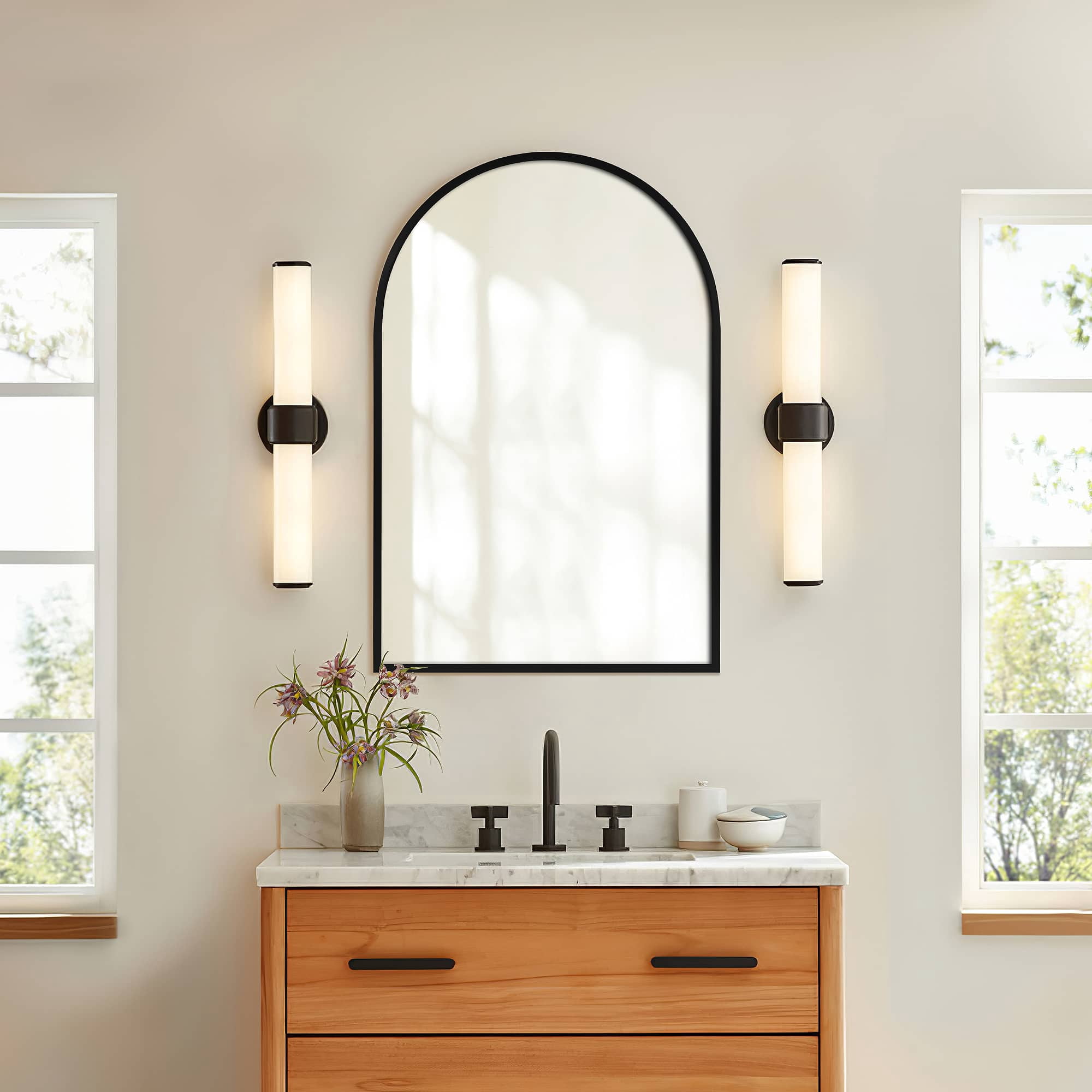 MAYEERTY 36"x24" Iron Rounded Arch Medicine Cabinet with Mirror for Bathroom , Black