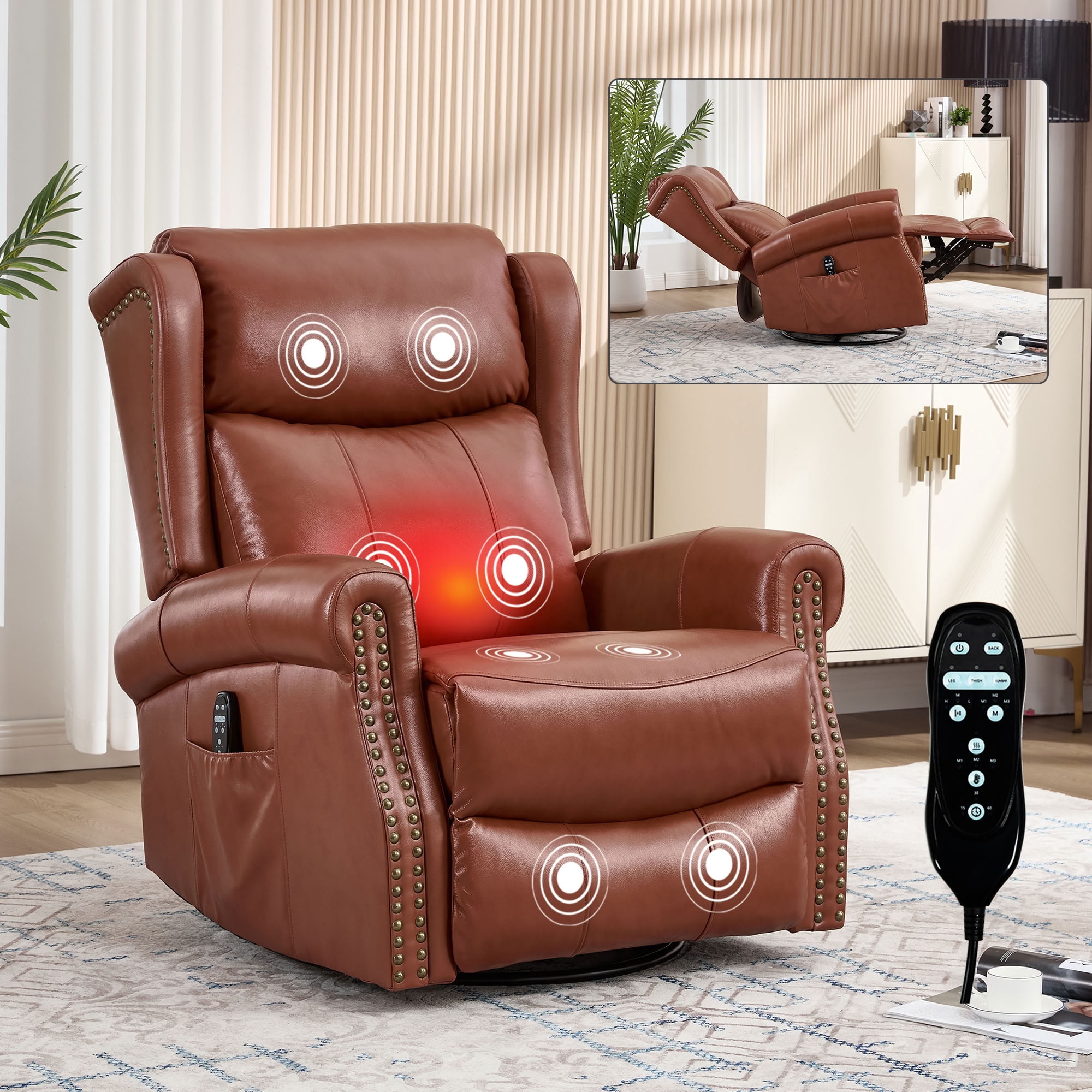 MAYEERTY 360 Degree Swivel Rocker Recliner Chair, Genuine Leather Manual Recline Glider Armchair with 8-Point Vibration Massage & Lumbar Heat, for Living Room Home Theater