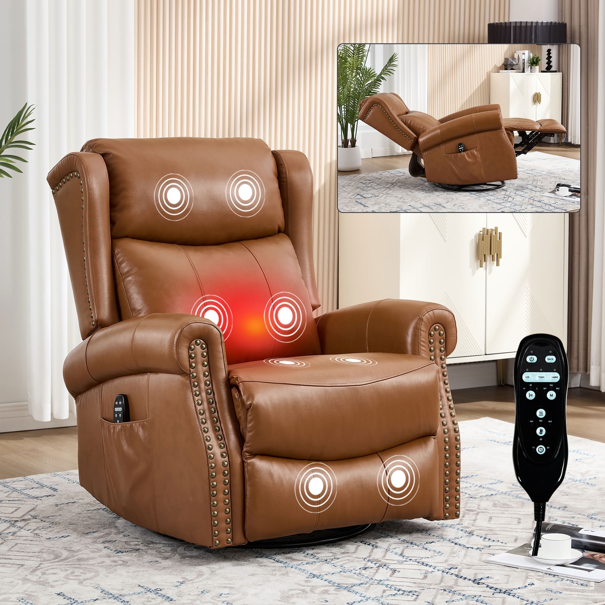 MAYEERTY 360 Degree Swivel Rocker Recliner Chair, Genuine Leather Manual Recline Glider Armchair with 8-Point Vibration Massage & Lumbar Heat, for Living Room Home Theater