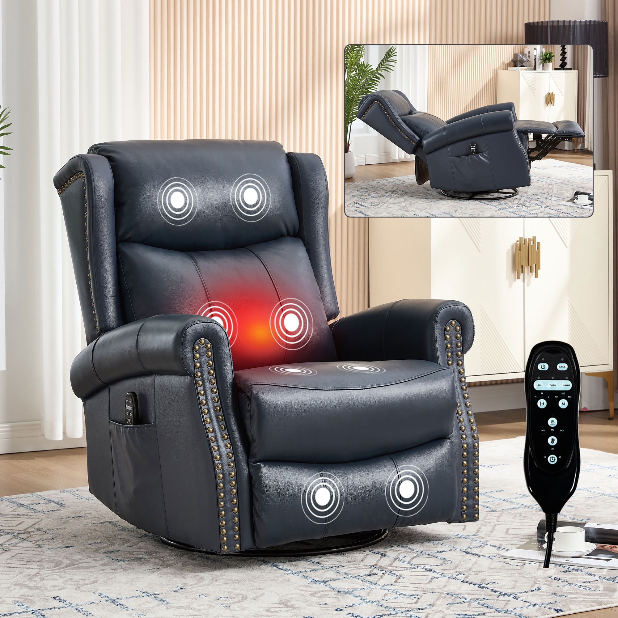 MAYEERTY 360 Degree Swivel Rocker Recliner Chair, Genuine Leather Manual Recline Glider Armchair with 8-Point Vibration Massage & Lumbar Heat, for Living Room Home Theater