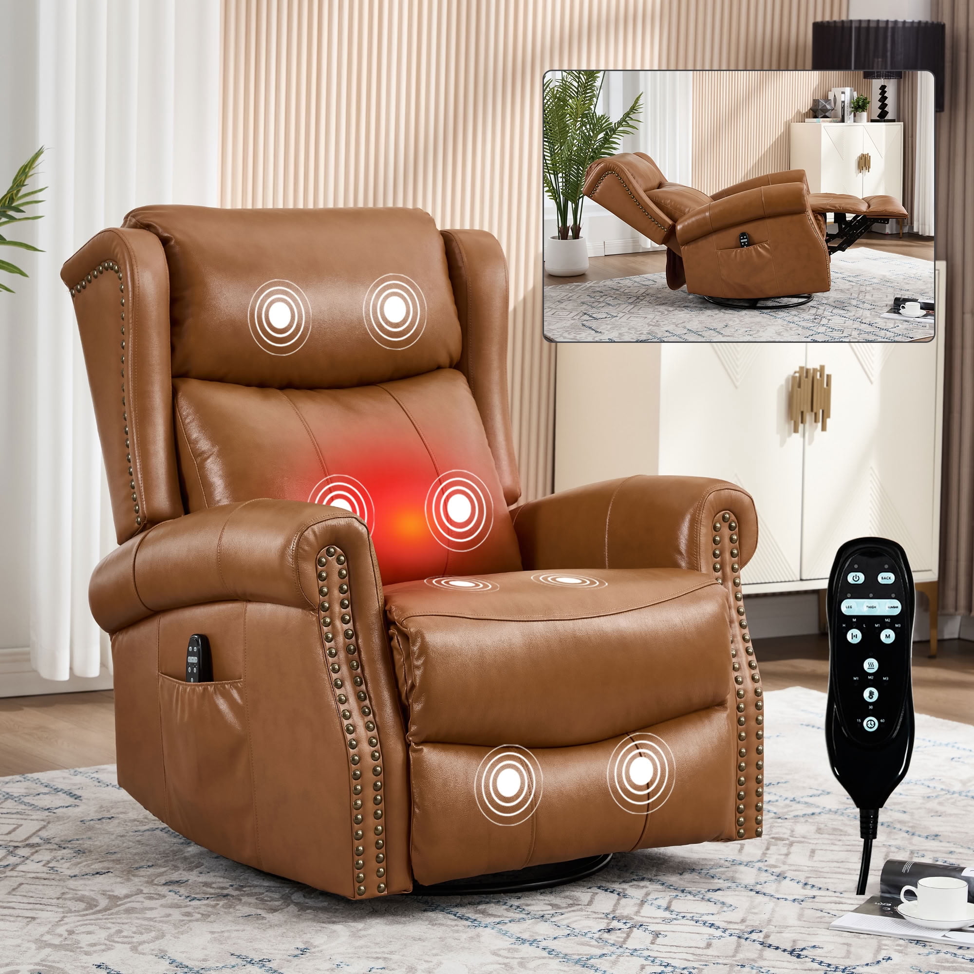 MAYEERTY 360 Degree Swivel Rocker Recliner Chair, Genuine Leather Manual Recline Glider Armchair with 8-Point Vibration Massage & Lumbar Heat, for Living Room Home Theater
