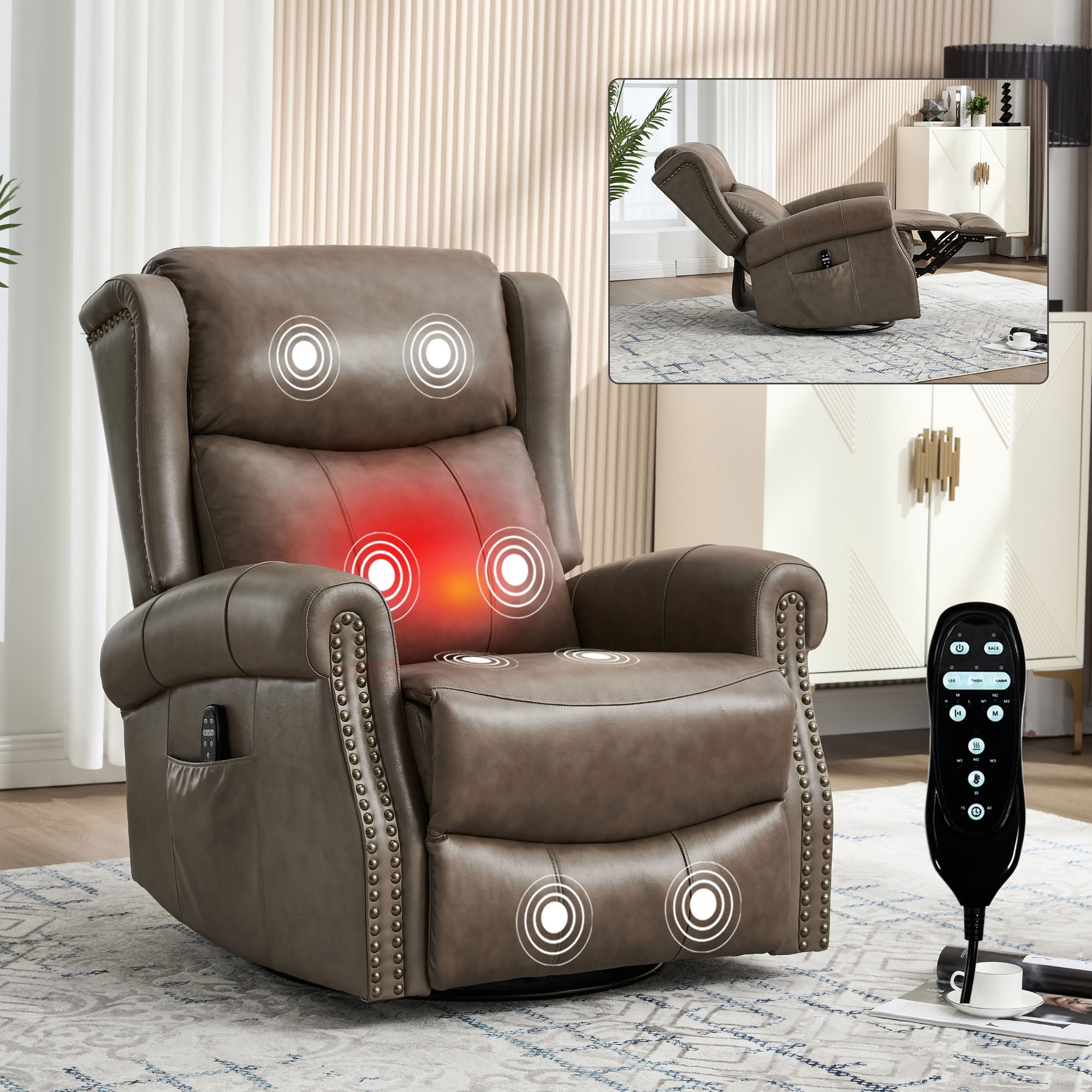 MAYEERTY 360 Degree Swivel Rocker Recliner Chair, Genuine Leather Manual Recline Glider Armchair with 8-Point Vibration Massage & Lumbar Heat, for Living Room Home Theater