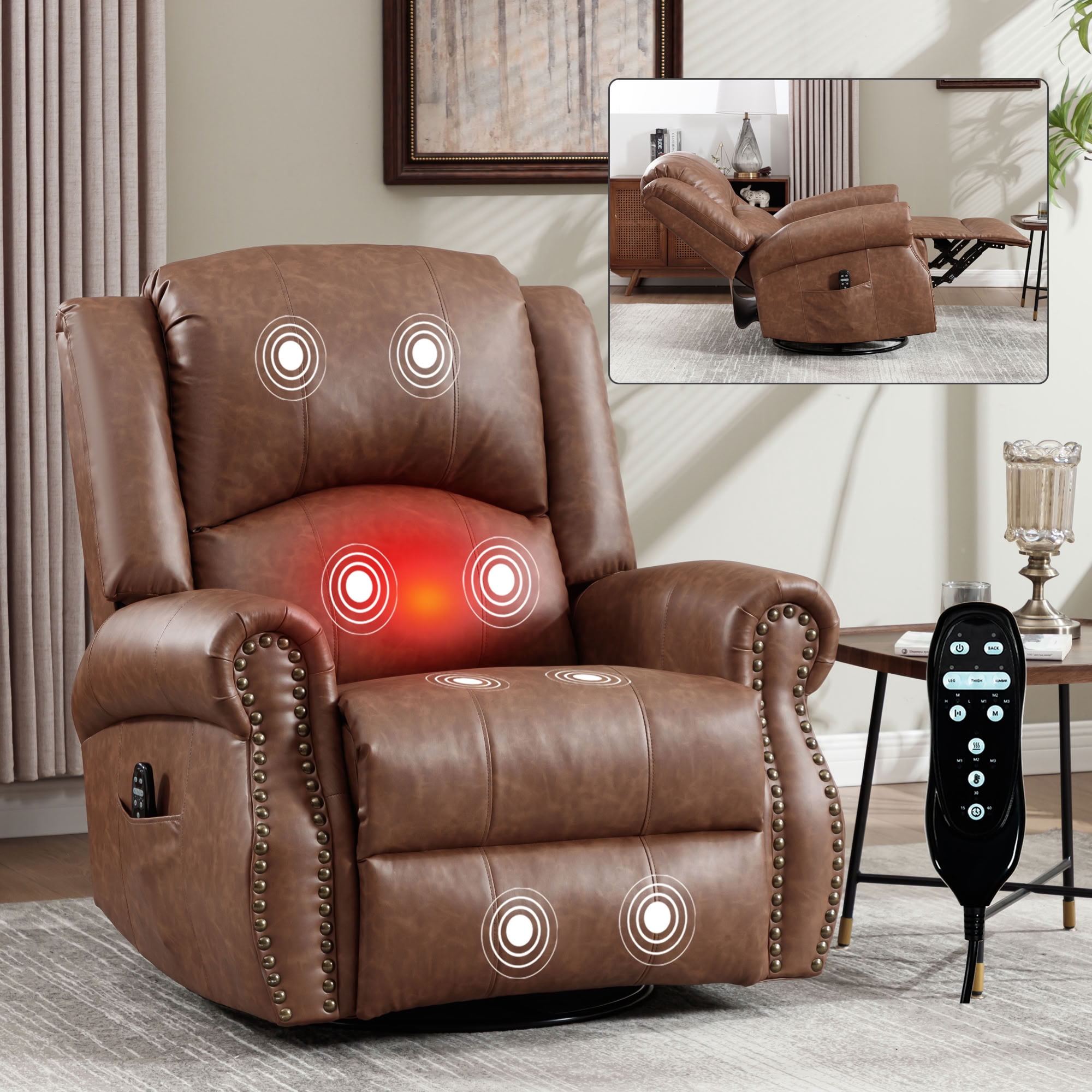 MAYEERTY 360 Degree Swivel Rocker Recliner Chair, Leather Manual Recline Glider Armchair with 8-Point Vibration Massage & Lumbar Heat, 350 LBS Capacity for Living Room Home Theater