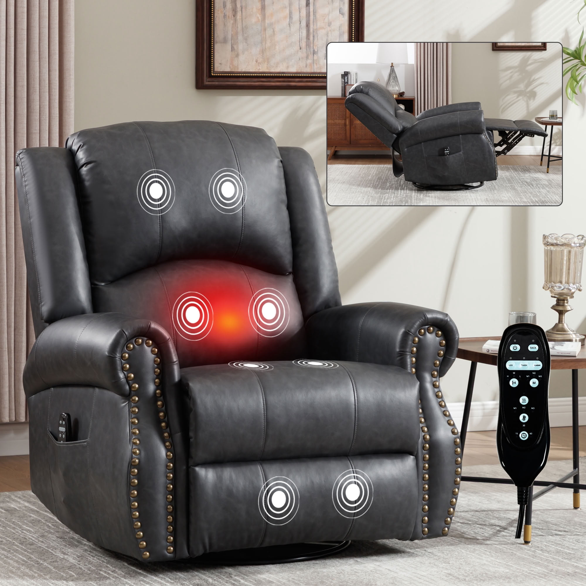 MAYEERTY 360 Degree Swivel Rocker Recliner Chair, Leather Manual Recline Glider Armchair with 8-Point Vibration Massage & Lumbar Heat, 350 LBS Capacity for Living Room Home Theater