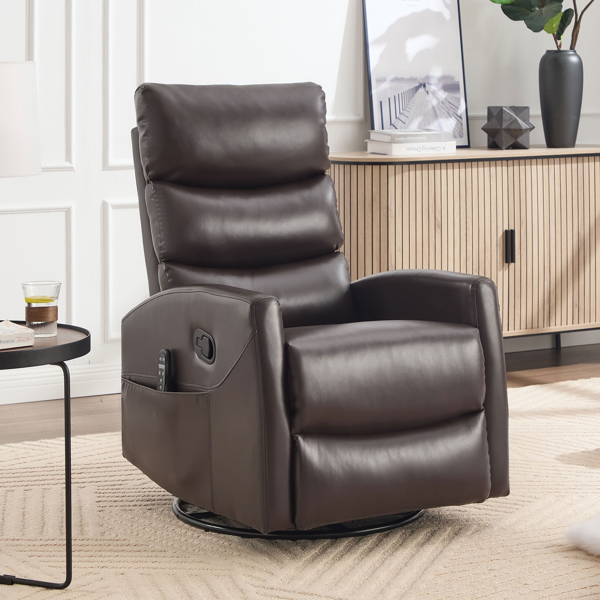 MAYEERTY 360 Degree Swivel Rocker Recliner Chair, Manual Recline Faux Leather Glider Chair with 8-Point Vibration Massage & Lumbar Heat, for Living Room Nursery Bedroom