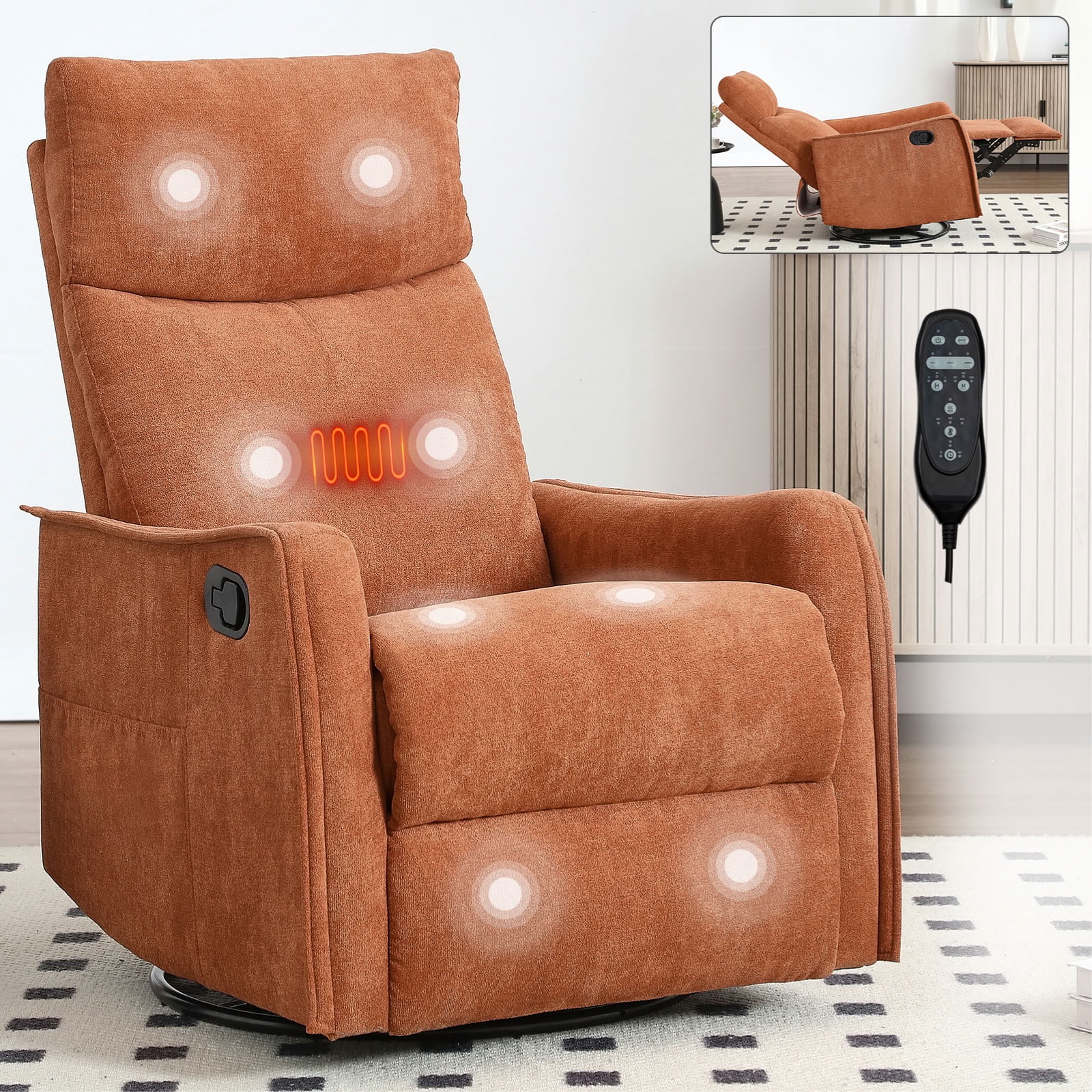MAYEERTY 360 Degree Swivel Rocker Recliner Chair, Manual Recline Glider Chair with 8 Vibration Massage Nodes & Lumbar Heating, for Living Room Nursery
