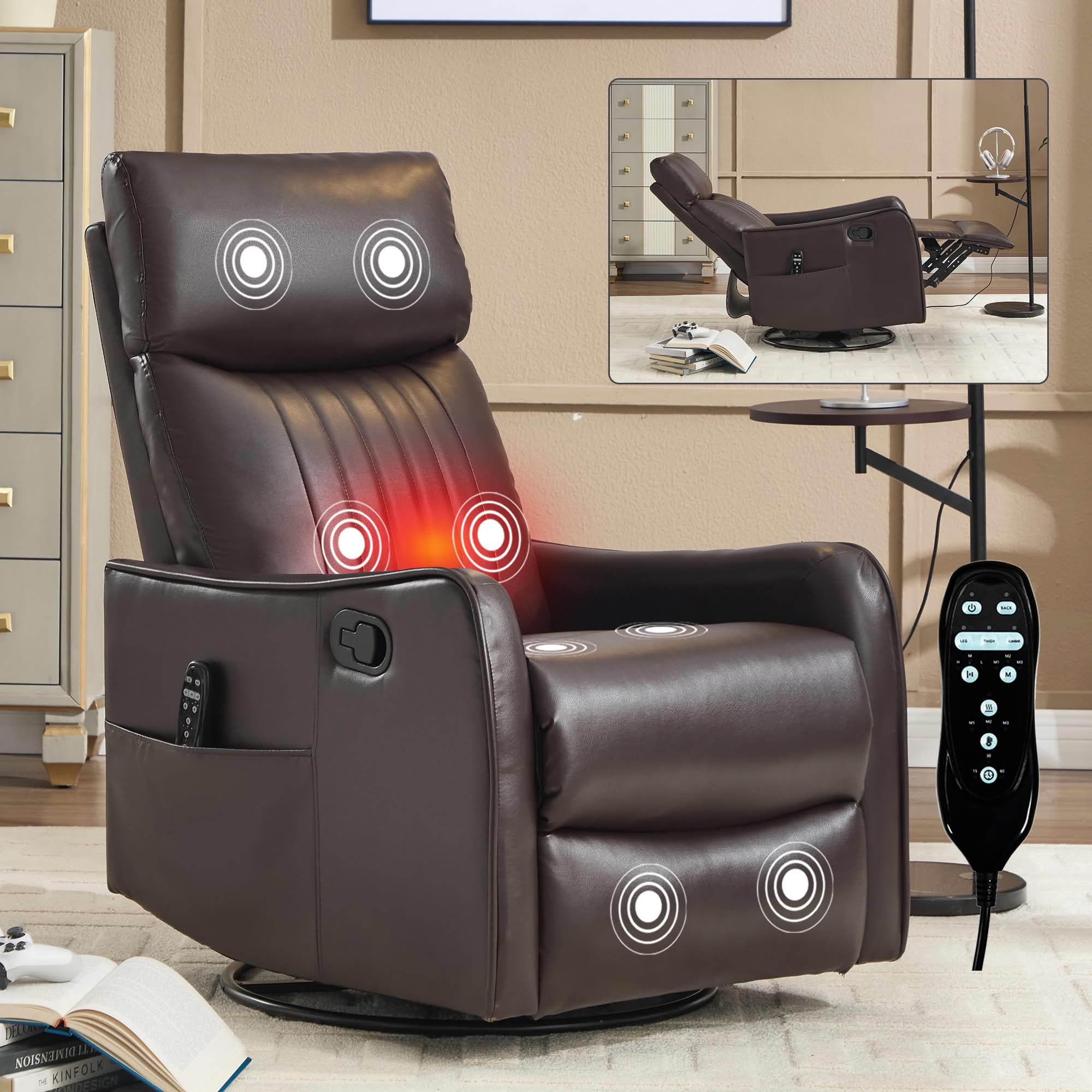 MAYEERTY 360° Swivel Rocker 155° Recline Faux Leather Heat Massage Recliner Chair for Living Room, Black