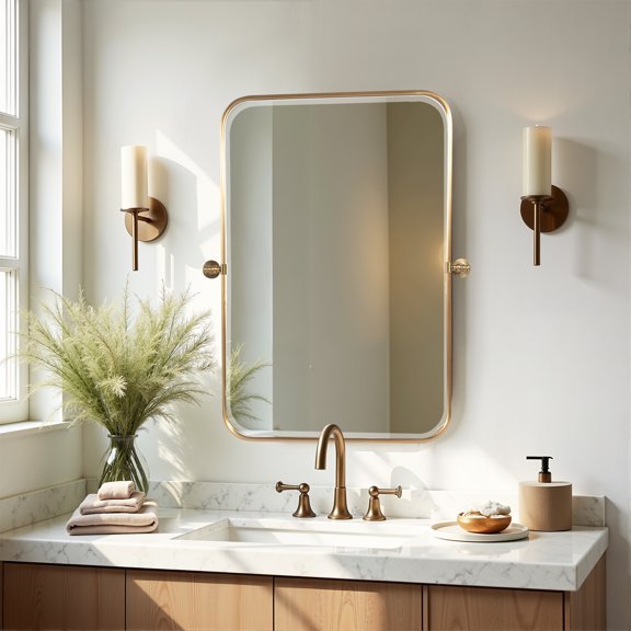 MAYEERTY 36x24 Iron Rounded Rectangle Gold Hardware Hanging Mirror