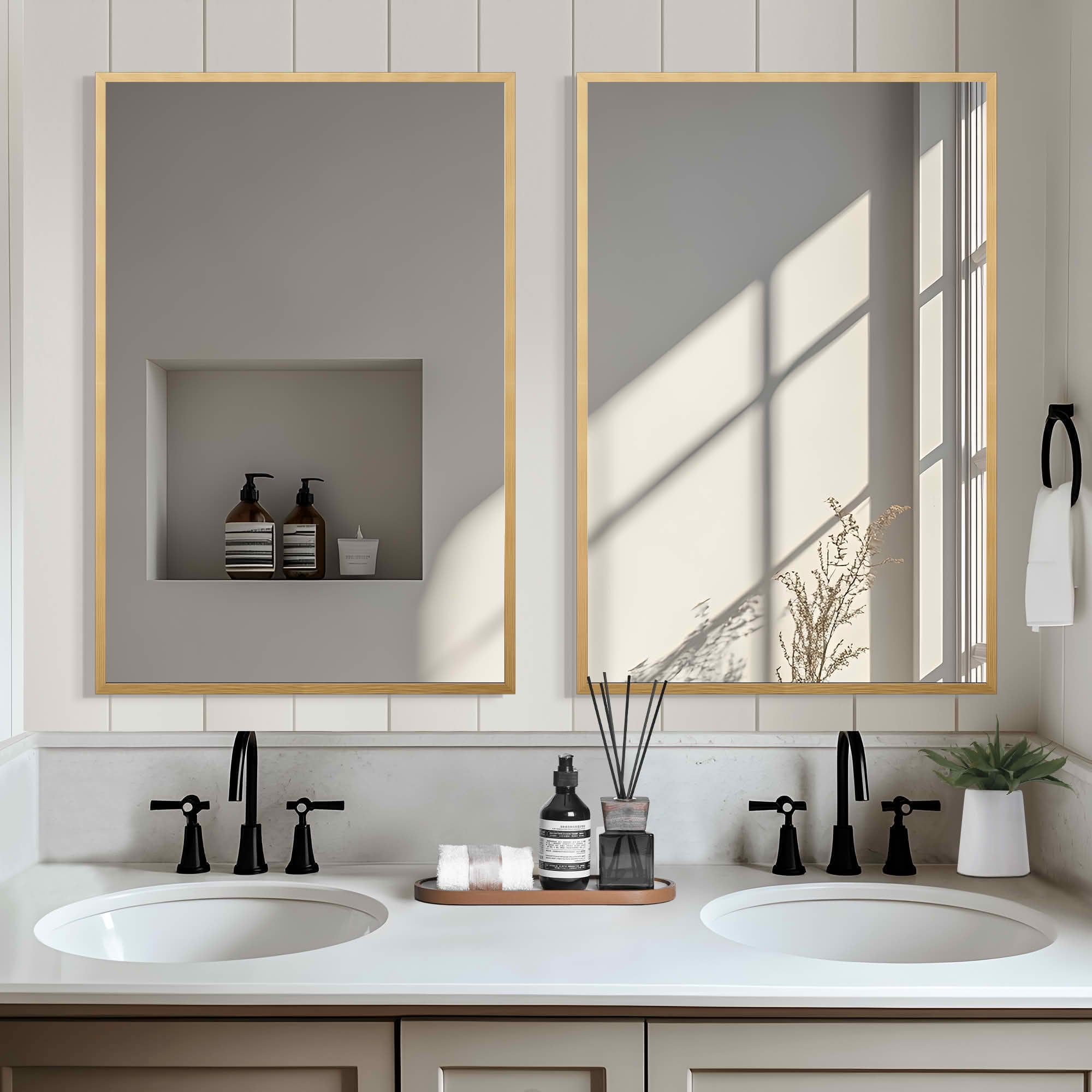 MAYEERTY 36x24x1 Inch Gold Thin Edge Aluminum Right Angle Rectangular Wall Mounted Mirror, Double Sided for Bathroom