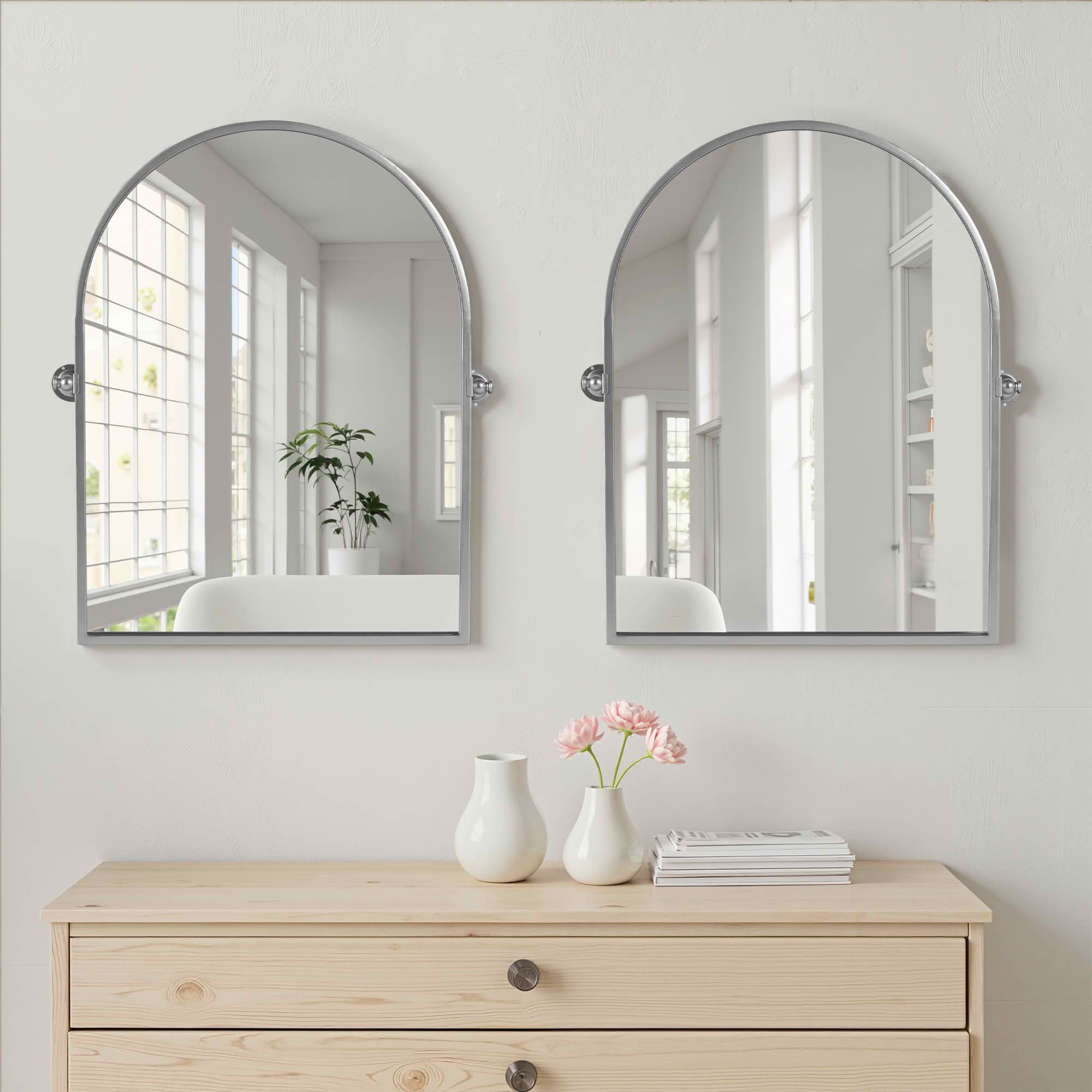 MAYEERTY 36x24x2 Inch Silver Metal Right Angle Arched Wall Mounted Mirror for Home Bathroom