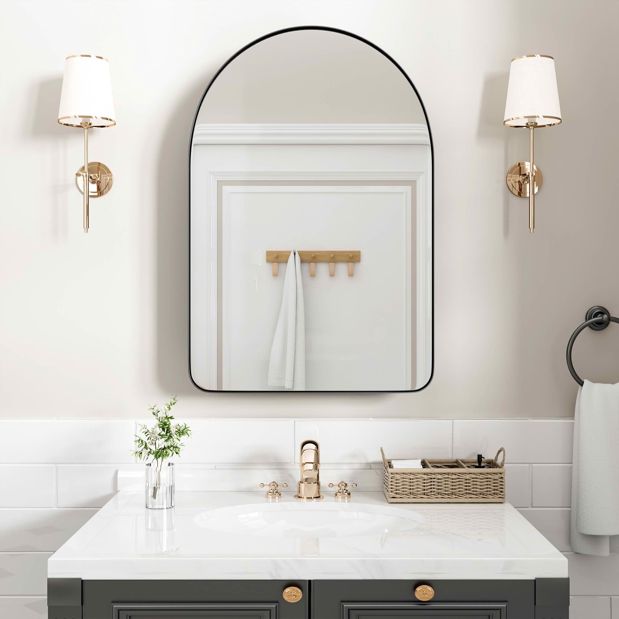 MAYEERTY 36x24x5 Inch Black Metal Round Corner Arched Medicine Cabinet for Bathroom
