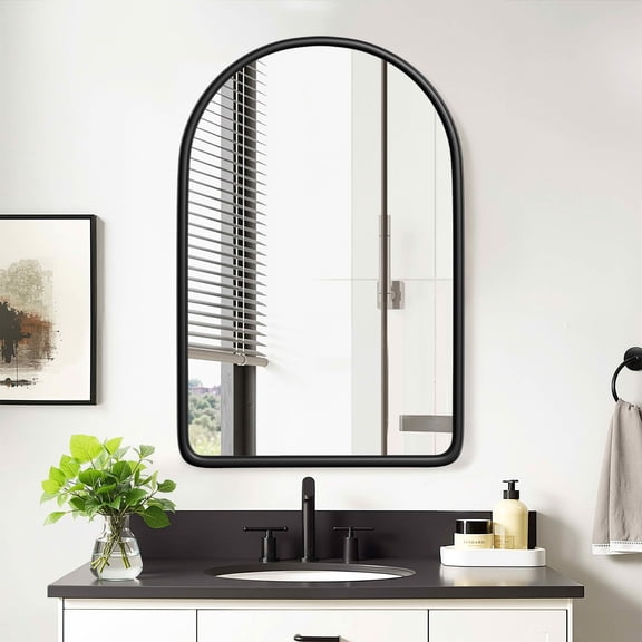 MAYEERTY 36x24x5 Inch Black Wood Round Corner Arched Medicine Cabinet for Bathroom