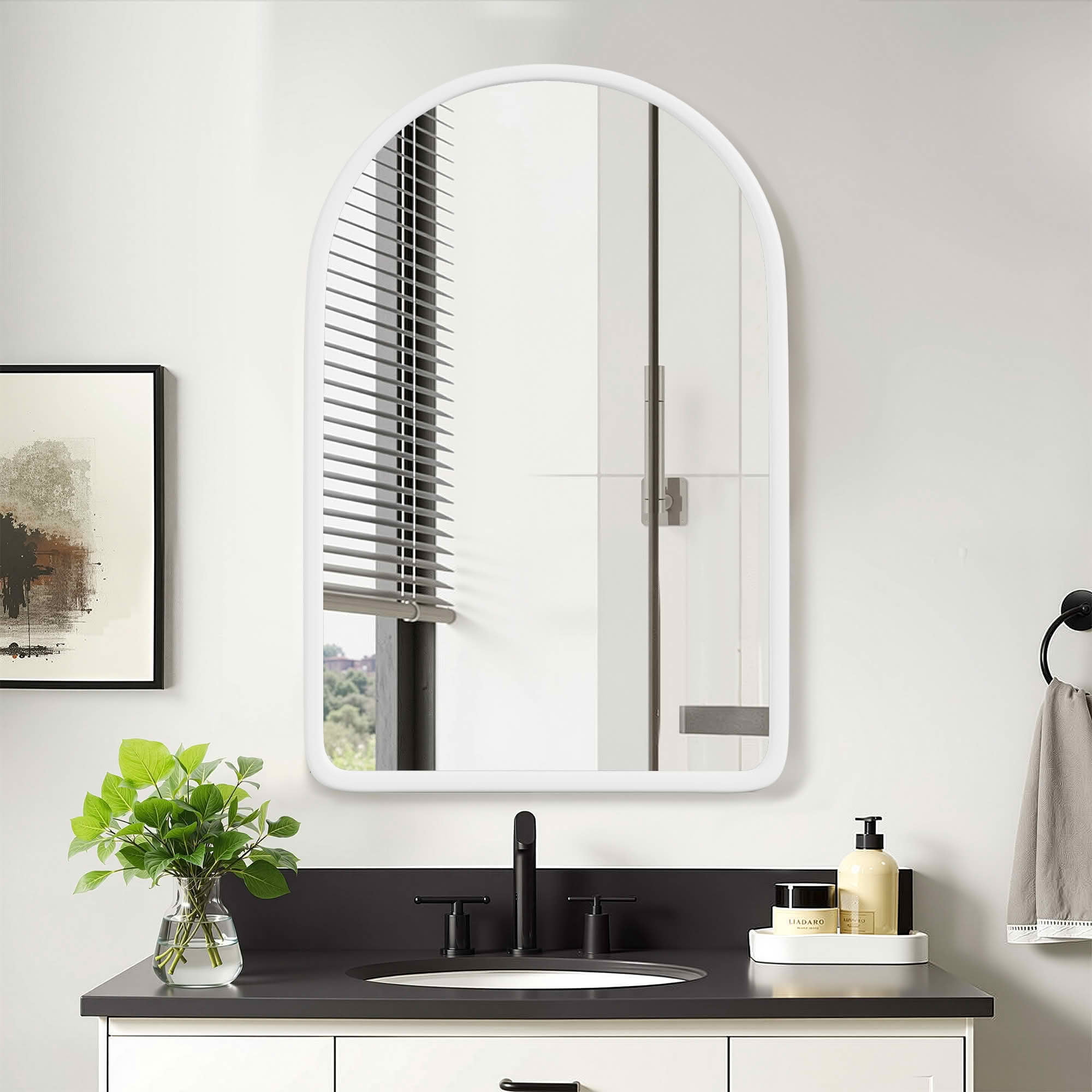 MAYEERTY 36x24x5 Inch White Wood Round Corner Arched Medicine Cabinet for Bathroom