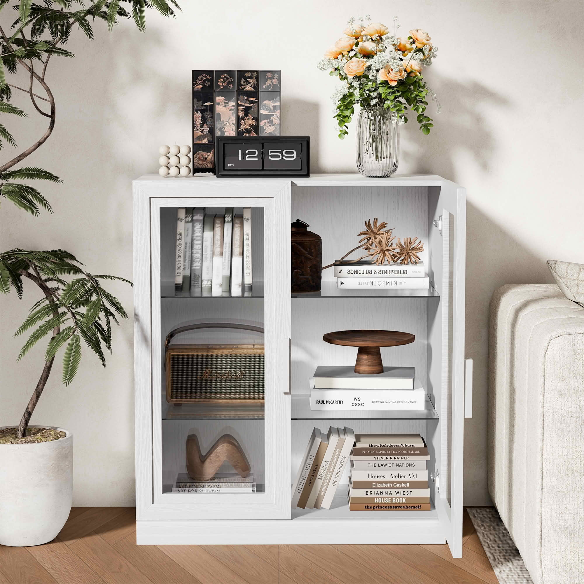 Curated visual reference: Visual Reference: Mayeerty 36X31X16 Inch White Wood Grain Storage Cabinet With Glass