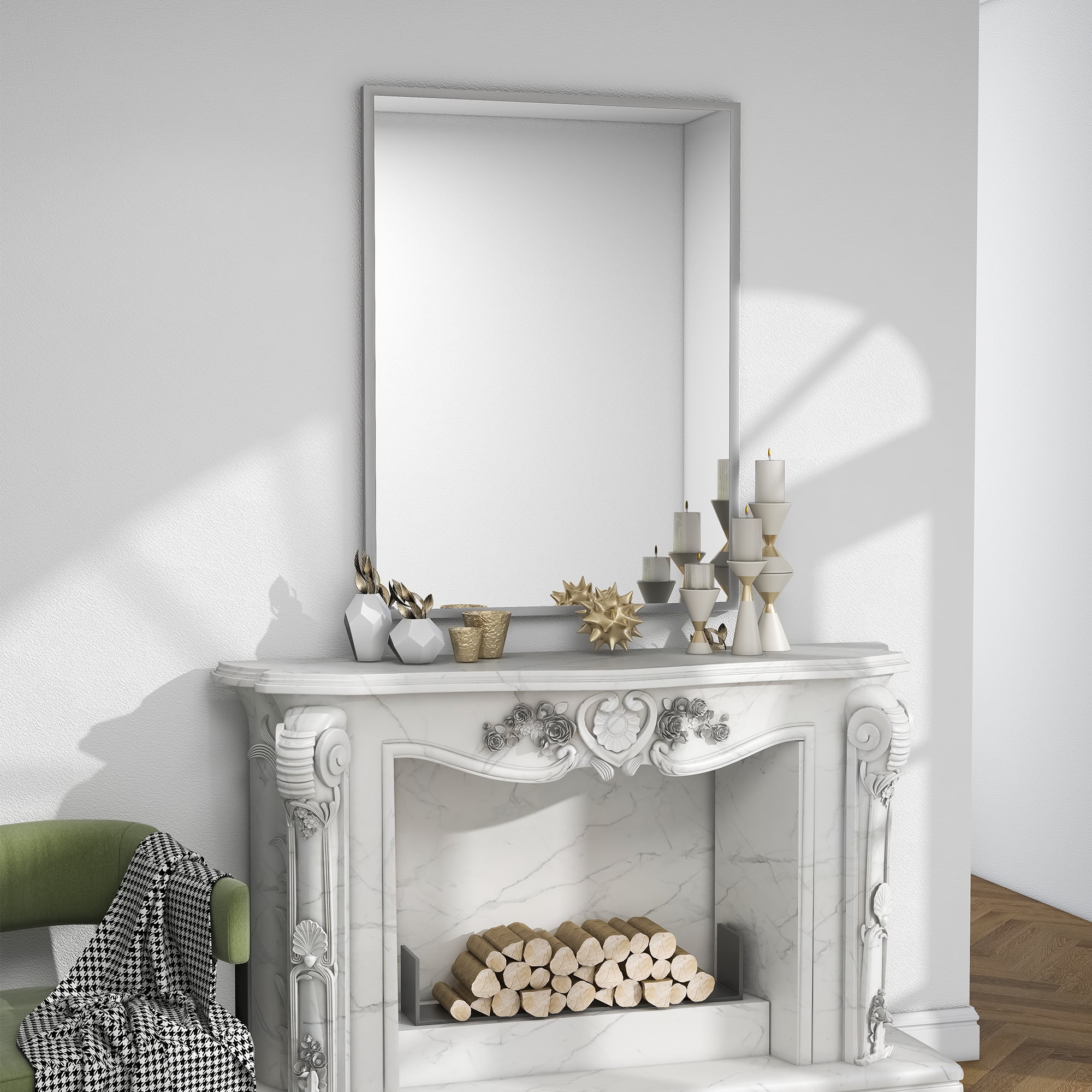 MAYEERTY 38"×26" Silver Aluminum Slim-Frame Rectangular Wall Mirror Sleek for Bathroom or Entryway