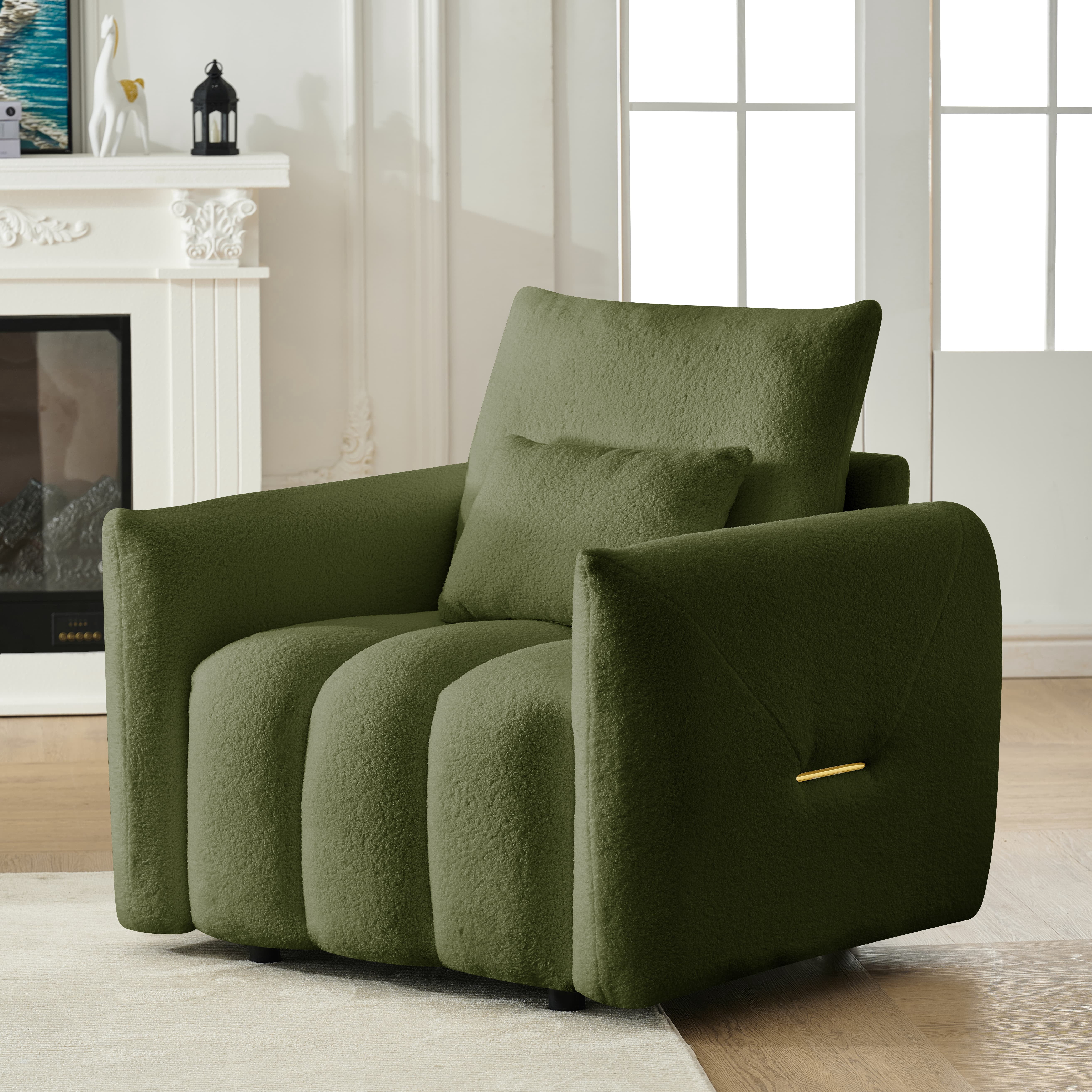 MAYEERTY 38.1" Teddy Fabric Single Sofa, Modern Lounge Chair with A Pillow for Apartment, Office, Living Room, Army Green