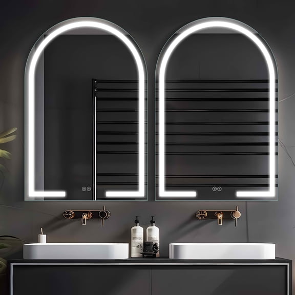 MAYEERTY 38x26 Inch LED Aluminum Arched Bathroom Mirror with Backlight, Defogger & 2 Switches for Bathroom